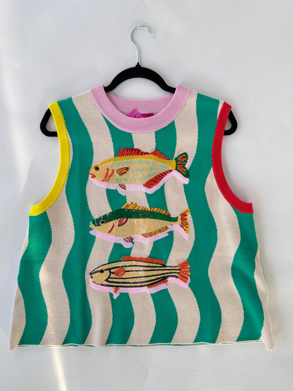 QOS Teal Multi Trim Fish Knit Tank