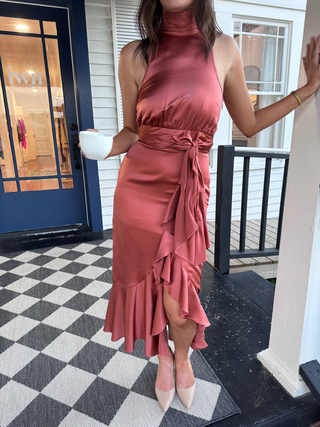 Cinq à Sept Winona Silk Halter Neck Midi Dress in Rosewood