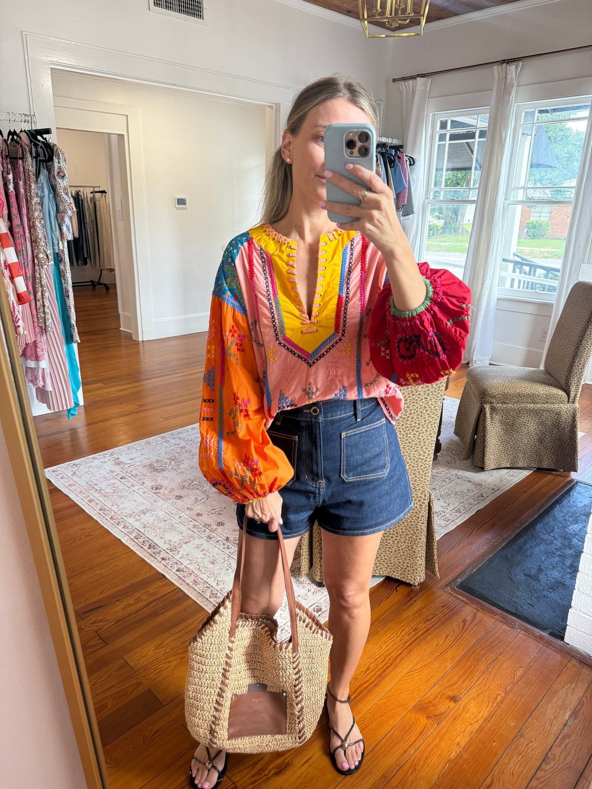 Farm Rio Embroidered Colorblock Blouse