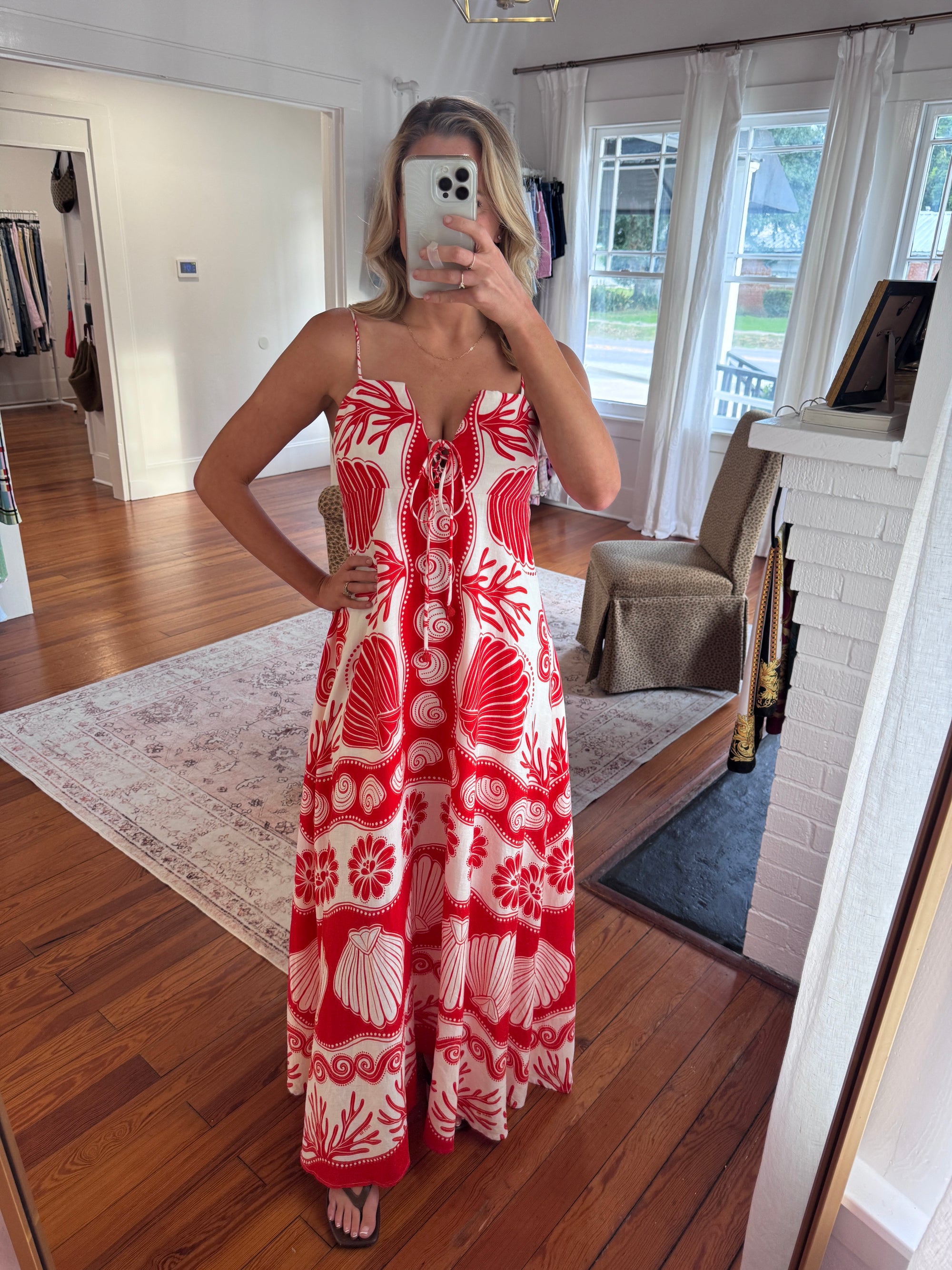 Farm Rio Red Seashell Print Maxi Dress