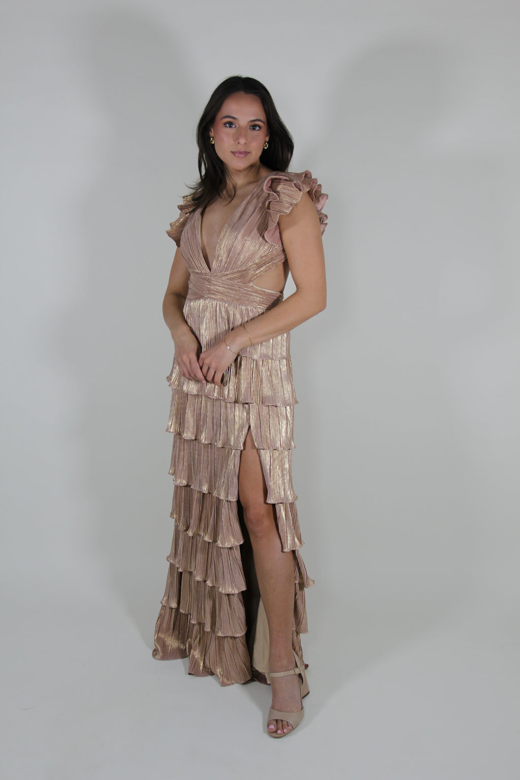 Mac Duggal Gold Ruffle Tiered Criss Cross Lace Up Gown