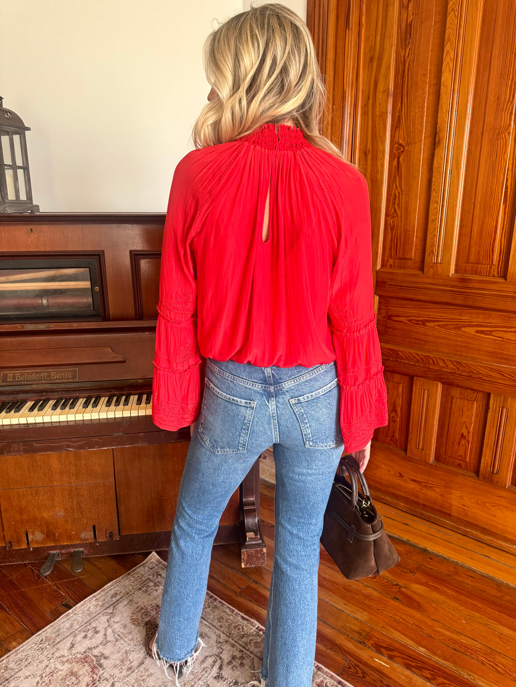 Red Embroidered High Neck Long Sleeve Blouse
