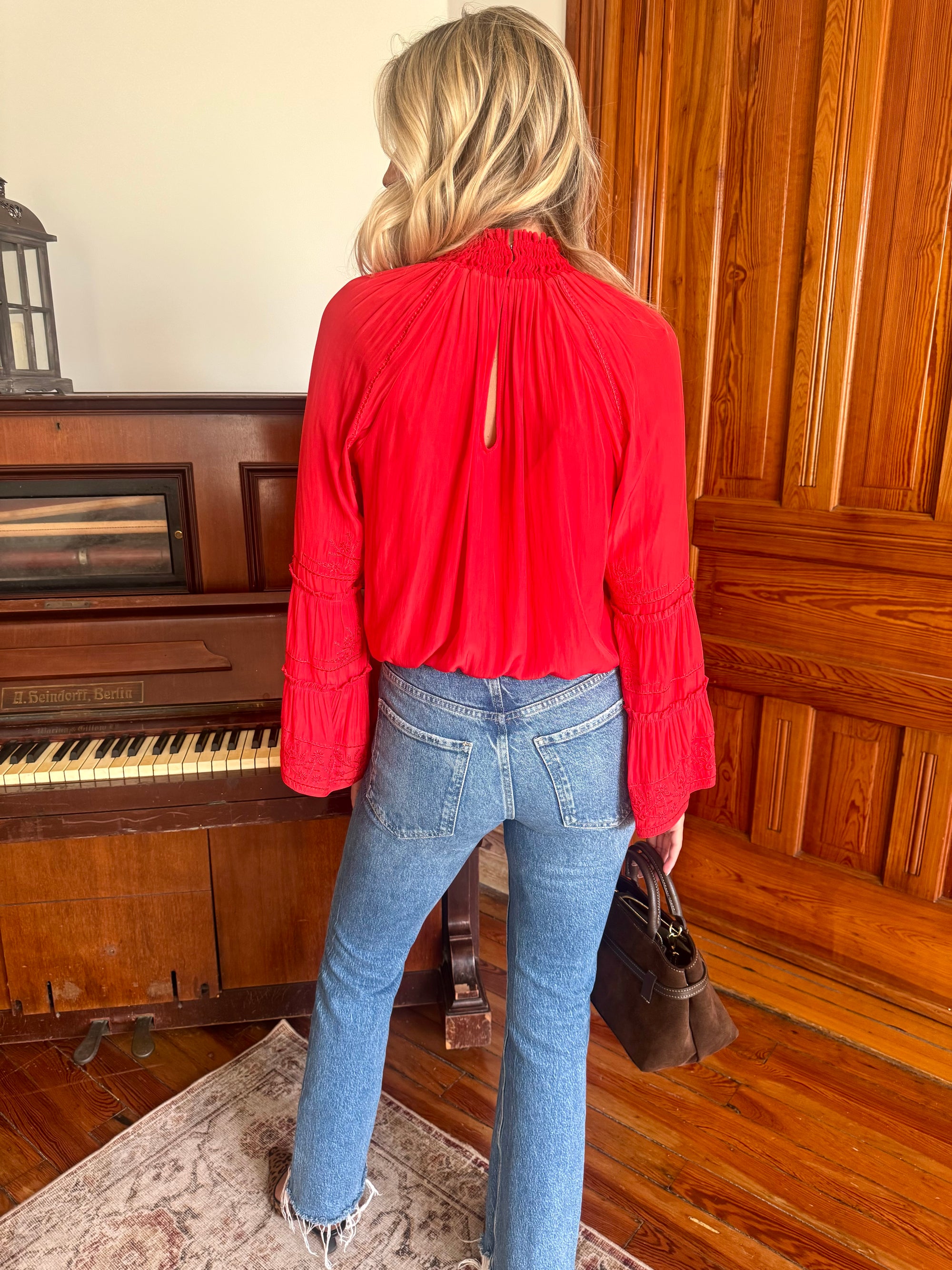 Red Embroidered High Neck Long Sleeve Blouse