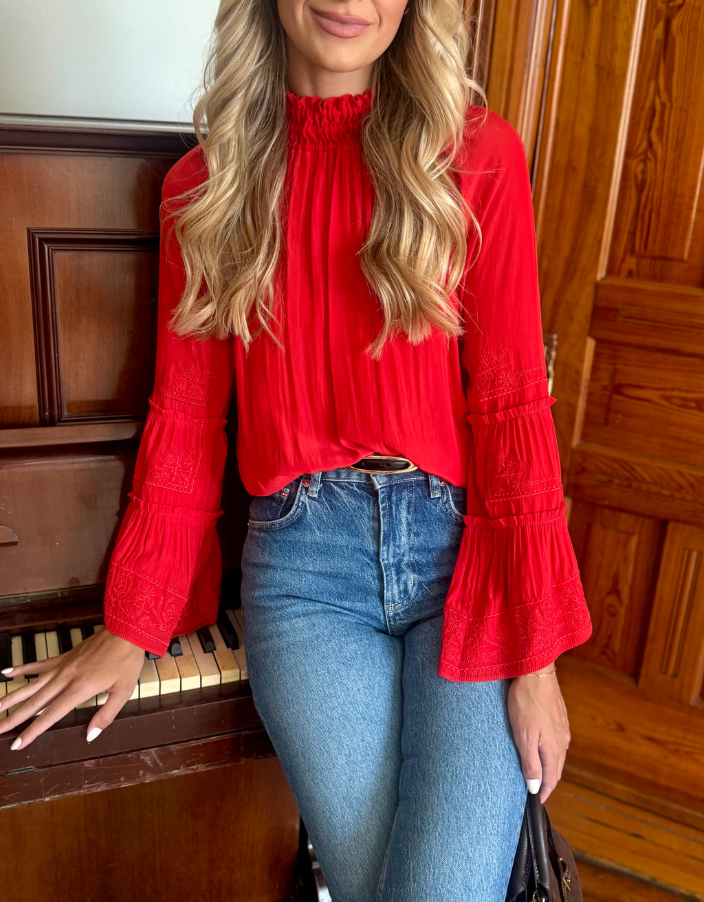 Red Embroidered High Neck Long Sleeve Blouse
