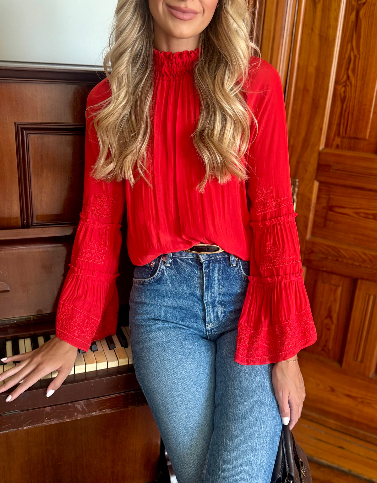 Red Embroidered High Neck Long Sleeve Blouse