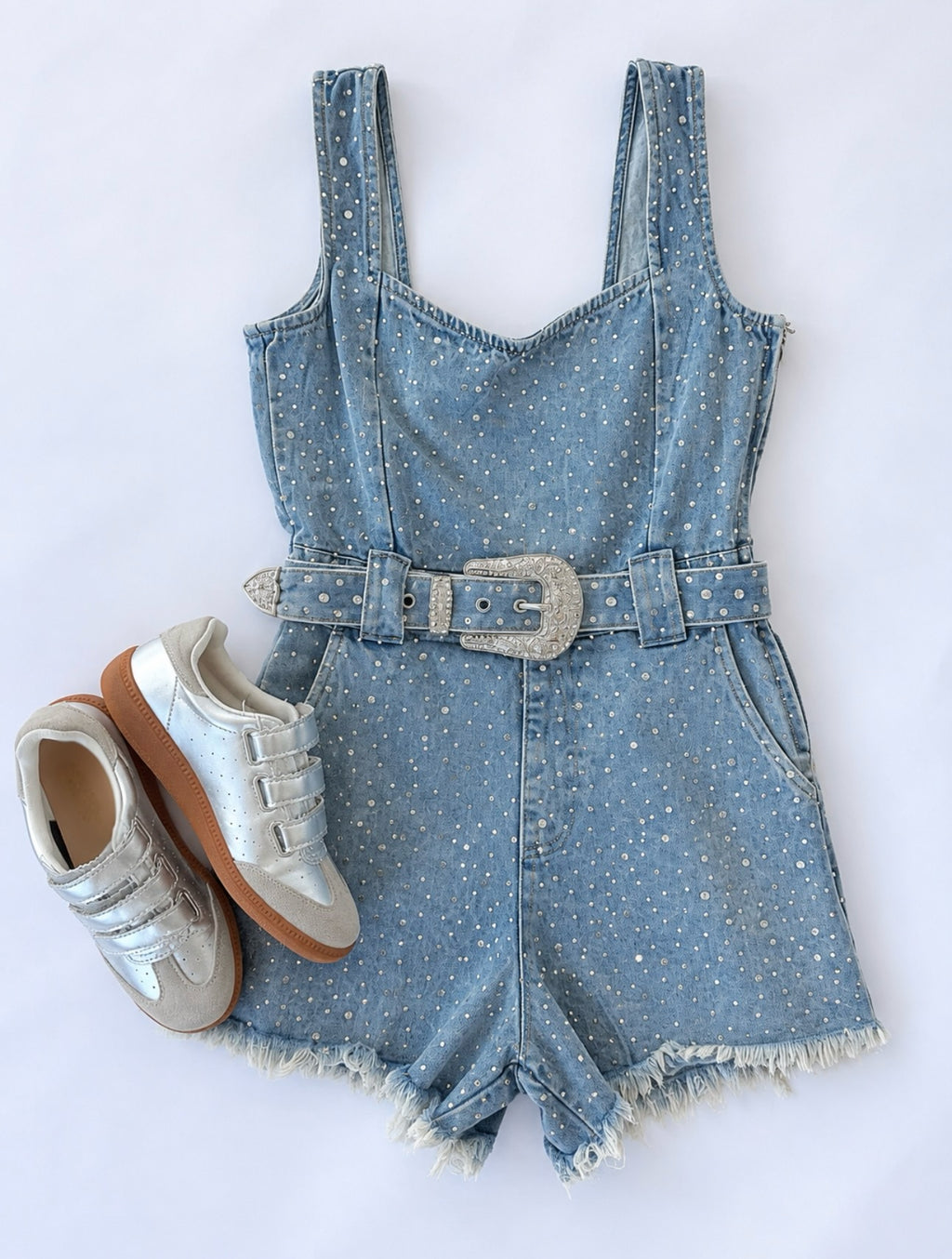 Show Me Your Mumu Rhinestone Spears Denim Romper