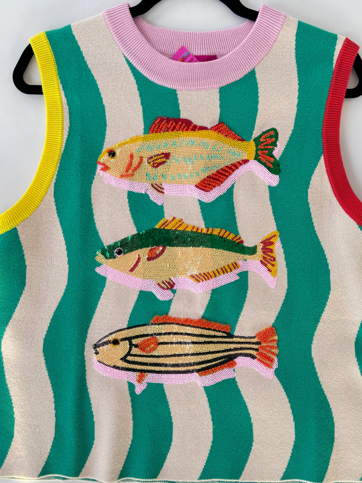 QOS Teal Multi Trim Fish Knit Tank