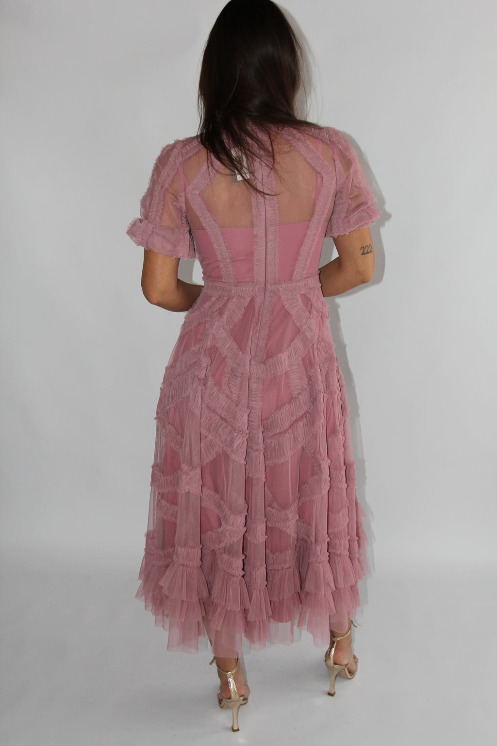 Mac Duggal Petite Pink High Neck Ruffle Tiered A-Line Midi Dress