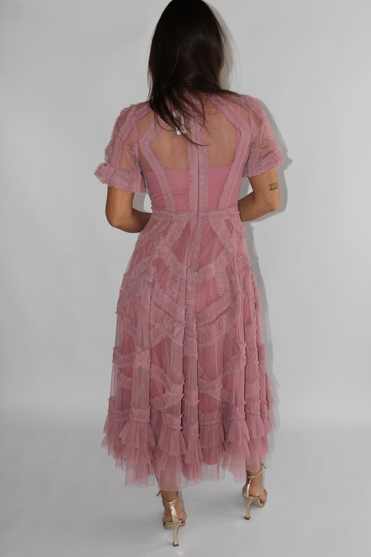 Mac Duggal Petite Pink High Neck Ruffle Tiered A-Line Midi Dress