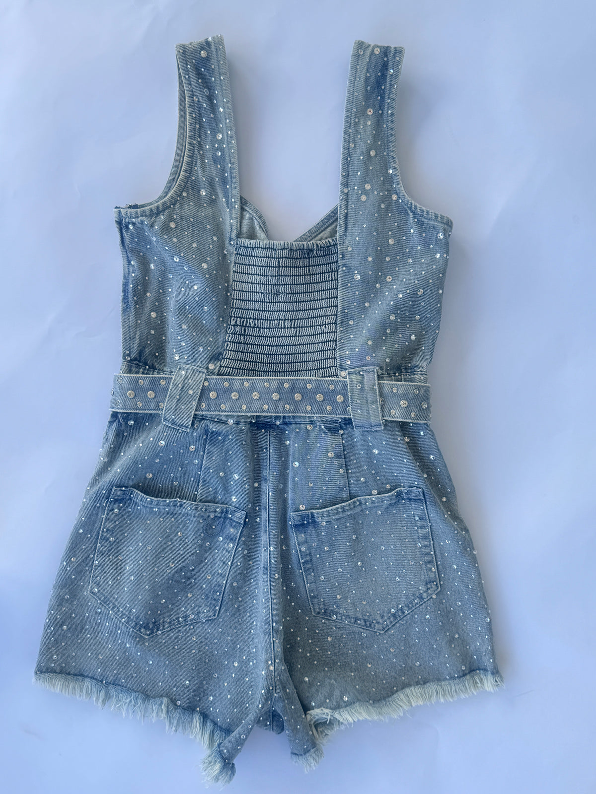 Show Me Your Mumu Rhinestone Spears Denim Romper