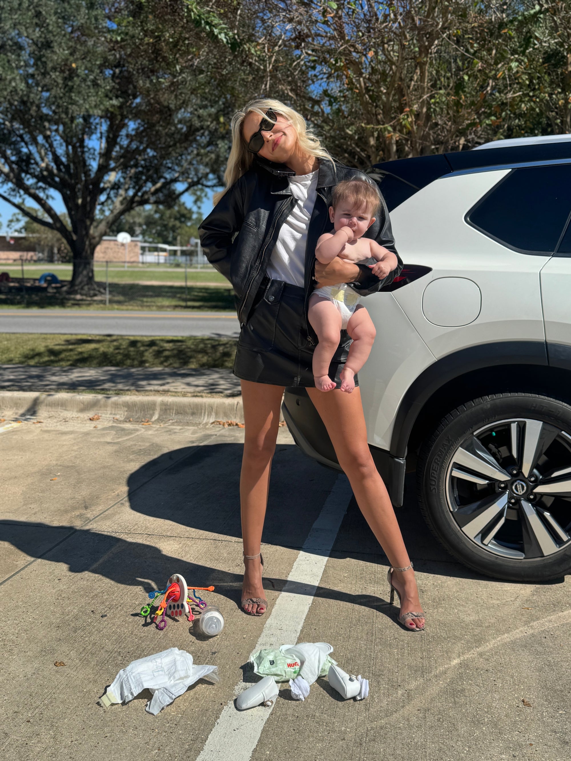 Patch Pocket Black Leather Mini Skirt