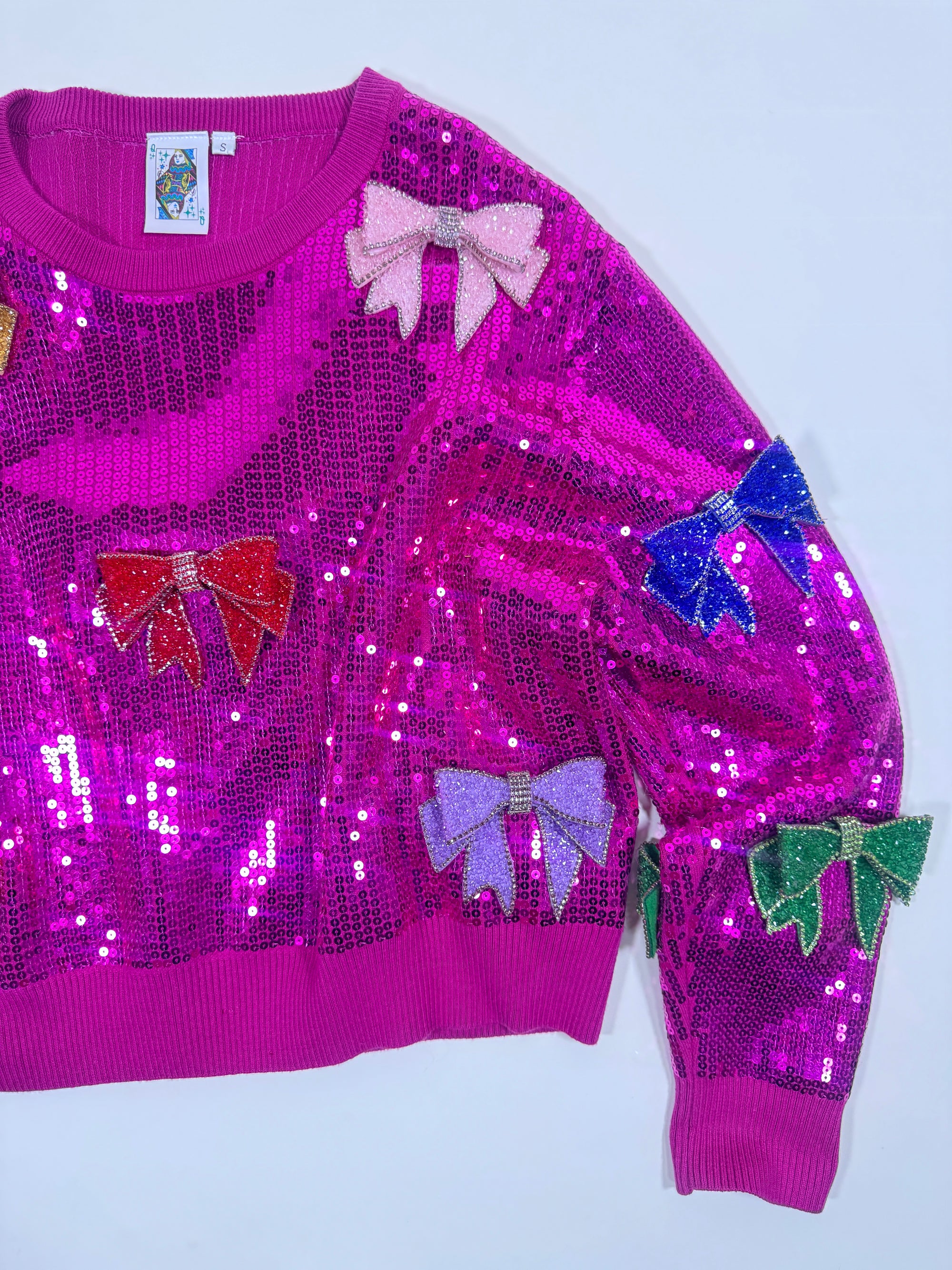 QOS Hot Pink Sequin Bow Sweatshirt