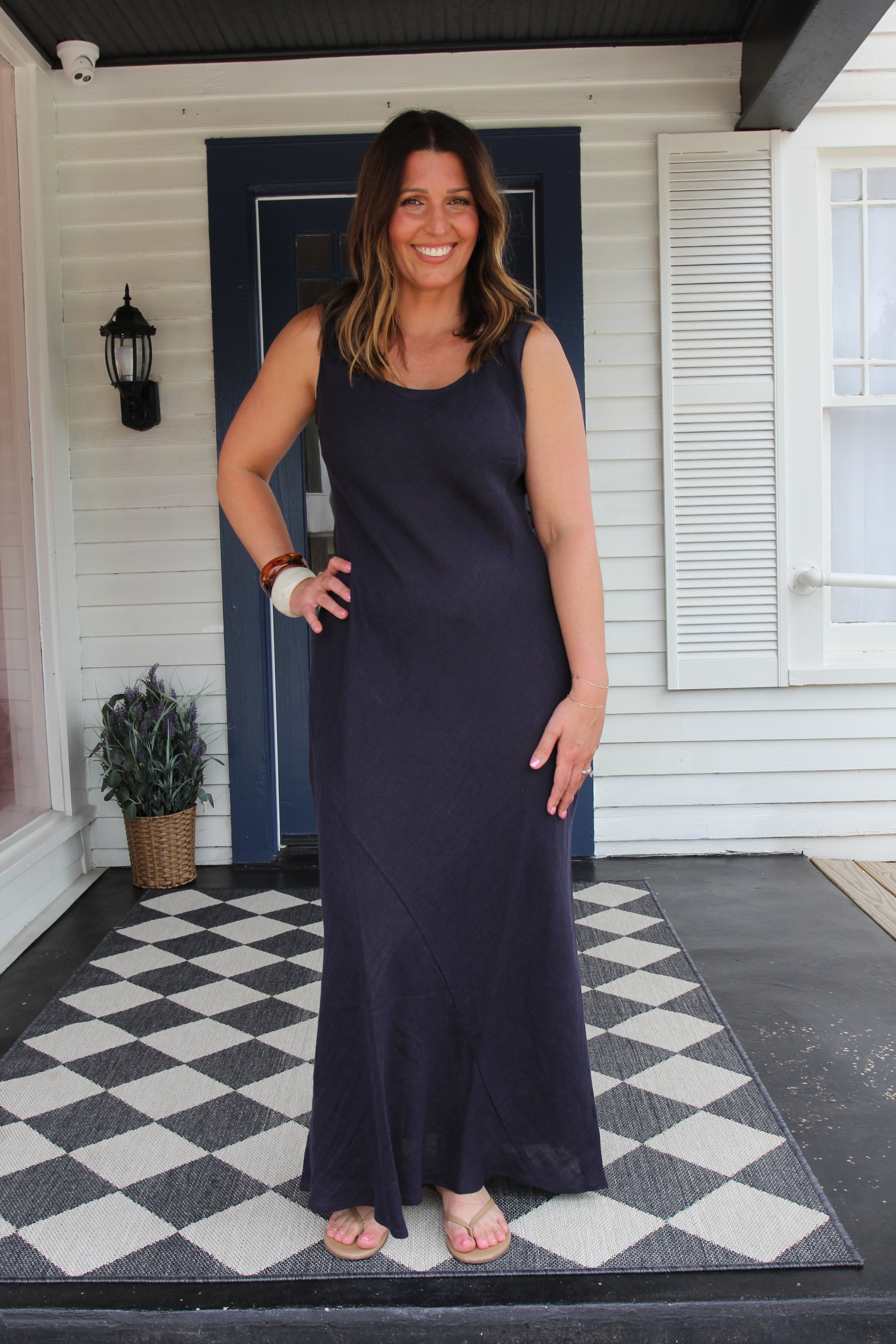 Navy Scoop Neck Linen Maxi Dress