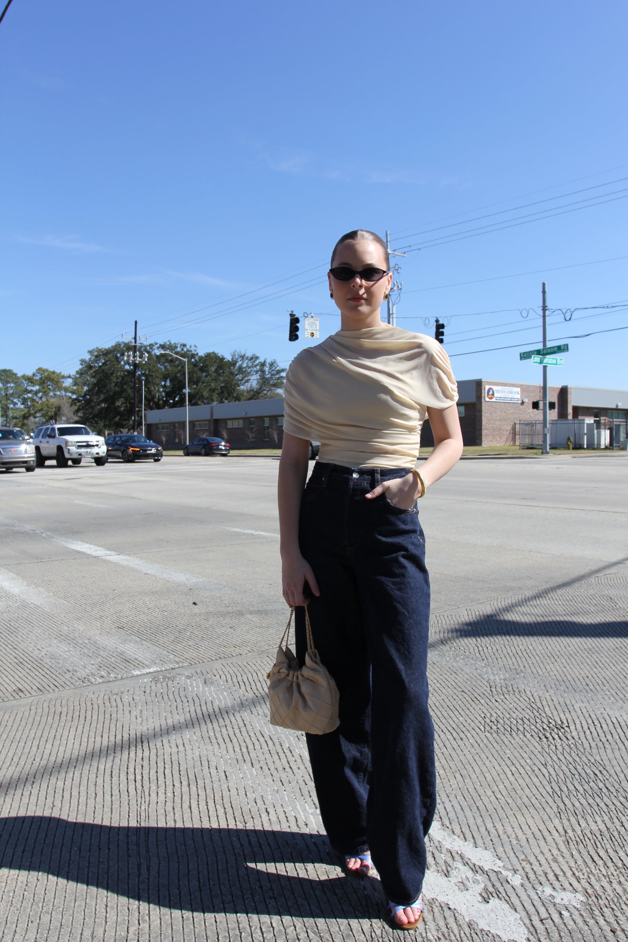 Beige Mesh Mock Neck Top