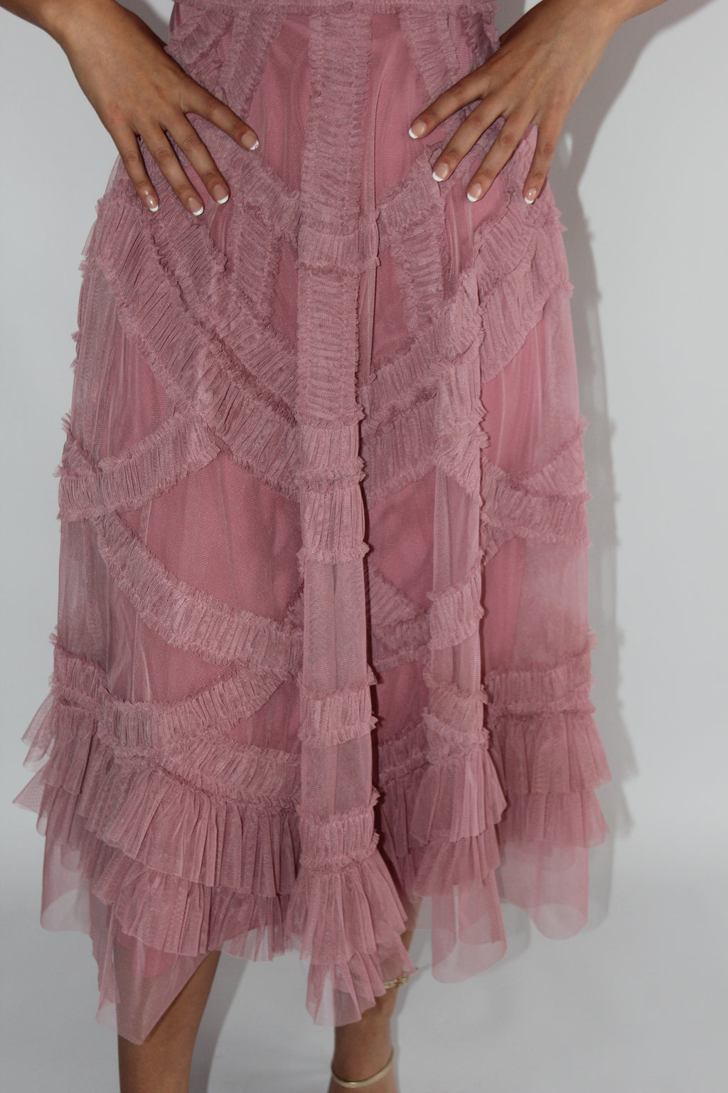 Mac Duggal Petite Pink High Neck Ruffle Tiered A-Line Midi Dress