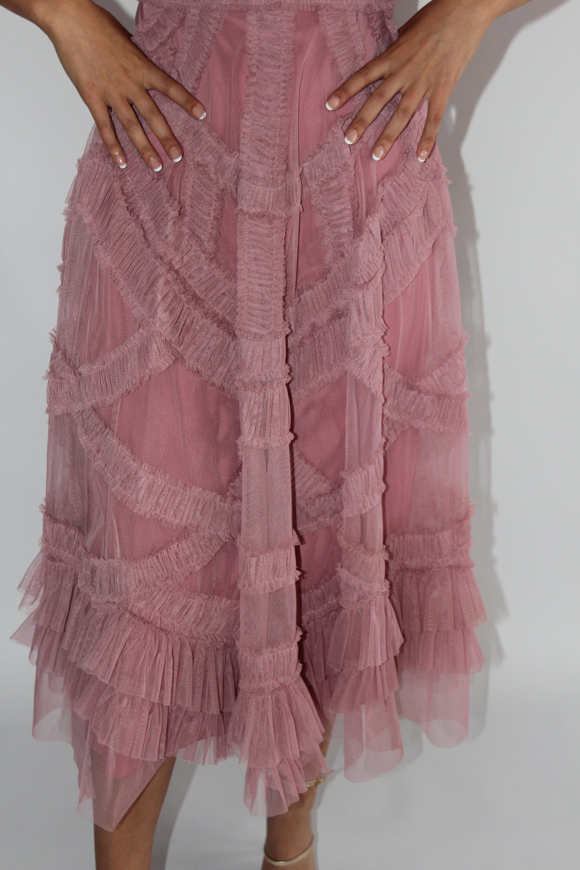 Mac Duggal Petite Pink High Neck Ruffle Tiered A-Line Midi Dress