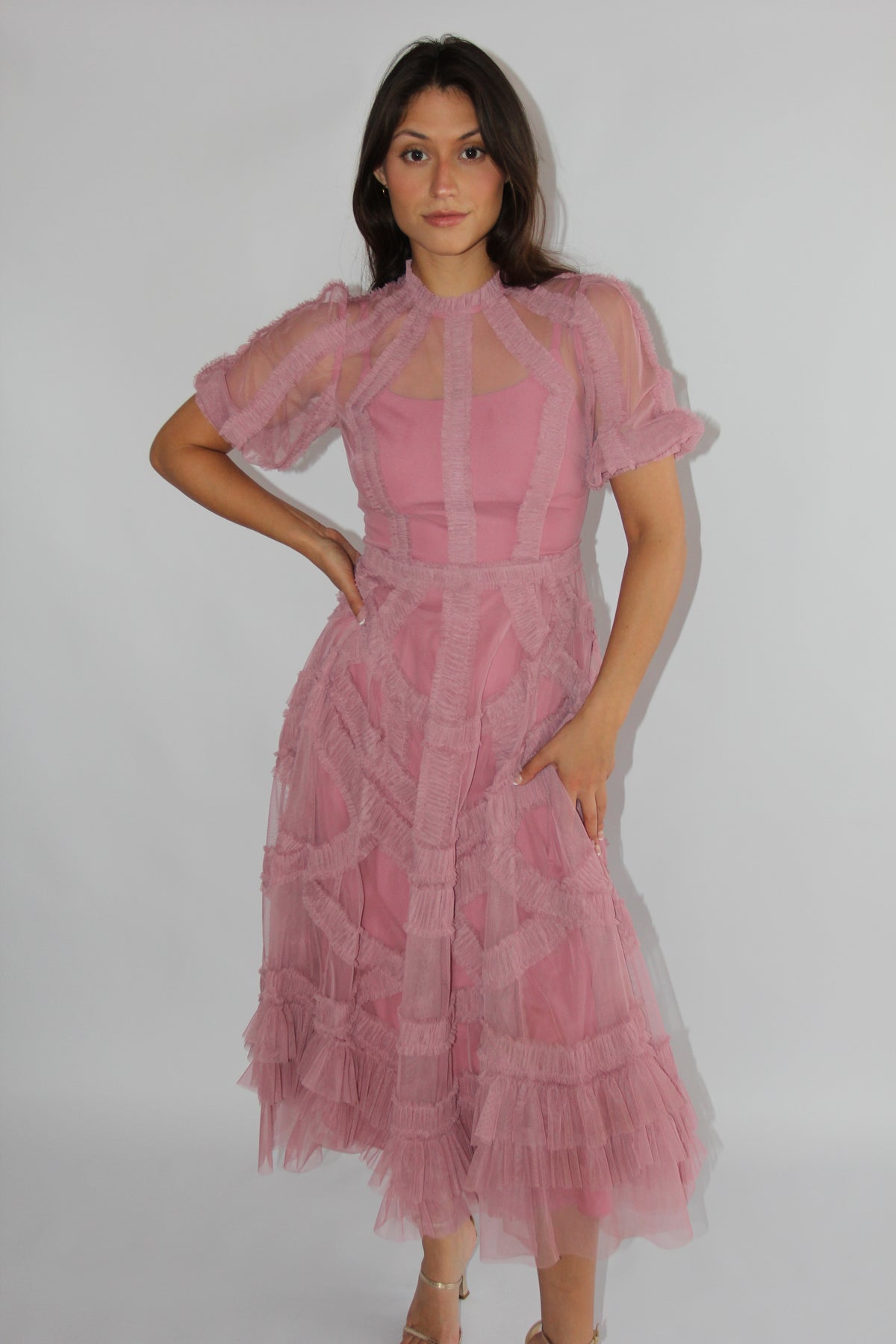 Mac Duggal Petite Pink High Neck Ruffle Tiered A-Line Midi Dress