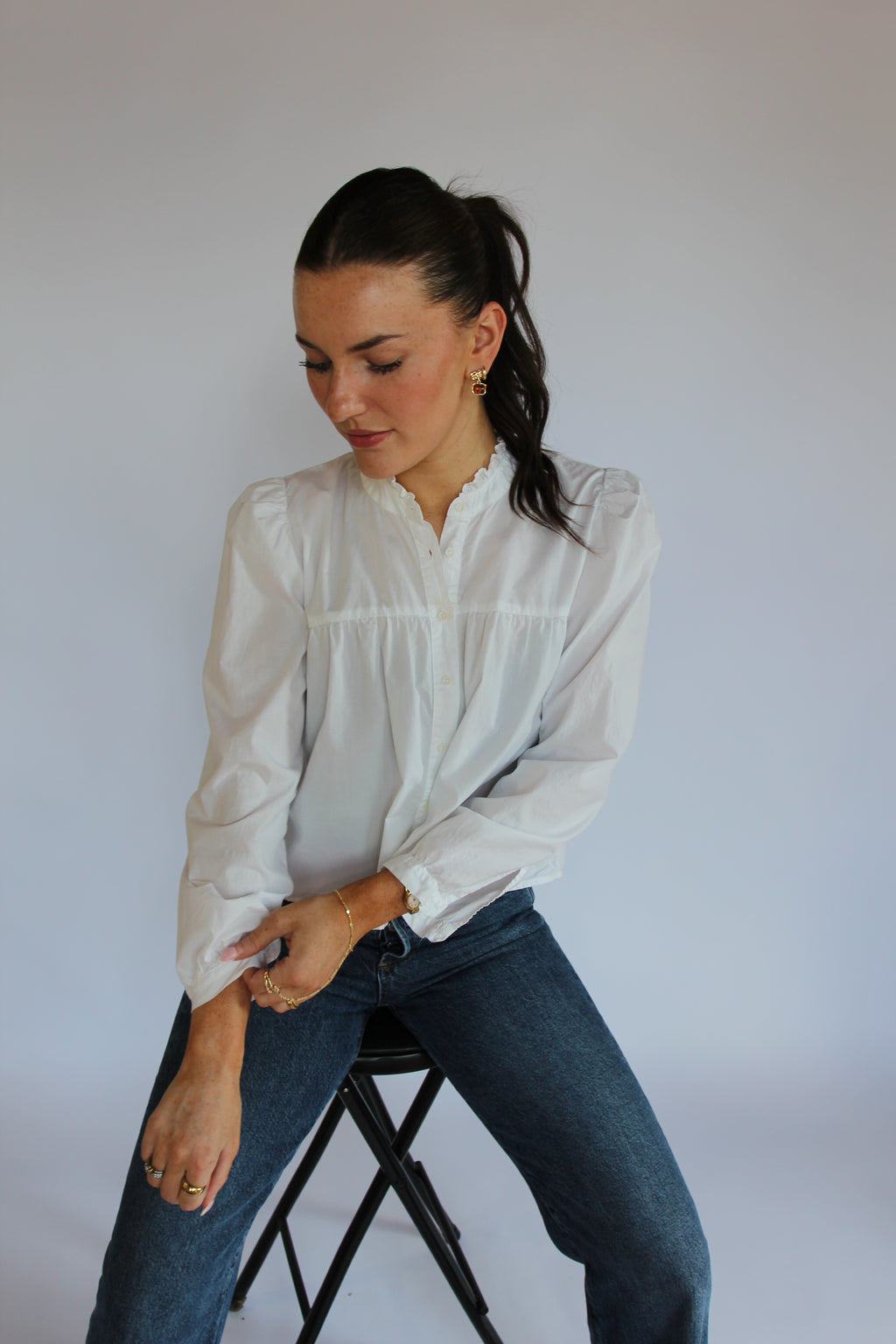 Nation White Long Sleeve Ruffle Detail Top