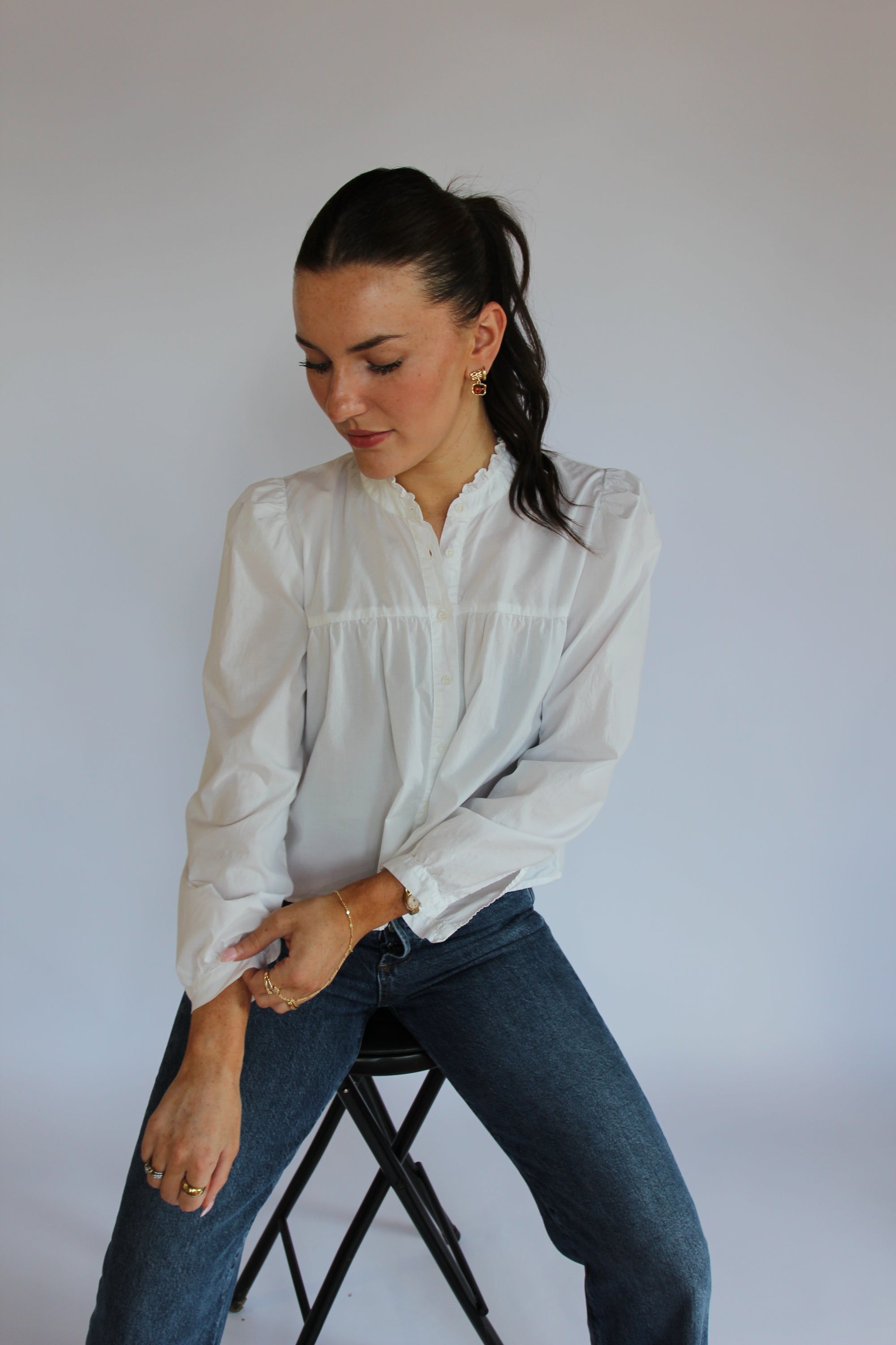 Nation White Long Sleeve Ruffle Detail Top