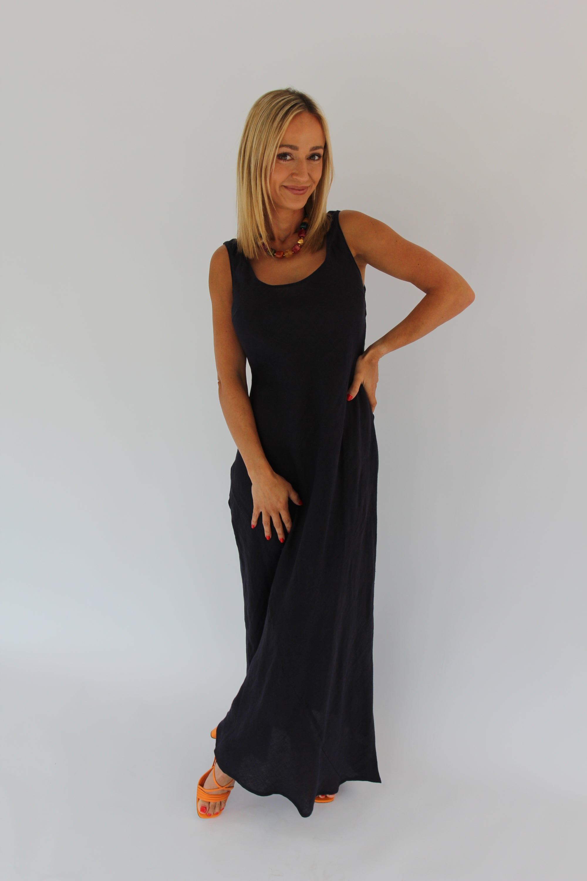 Navy Scoop Neck Linen Maxi Dress