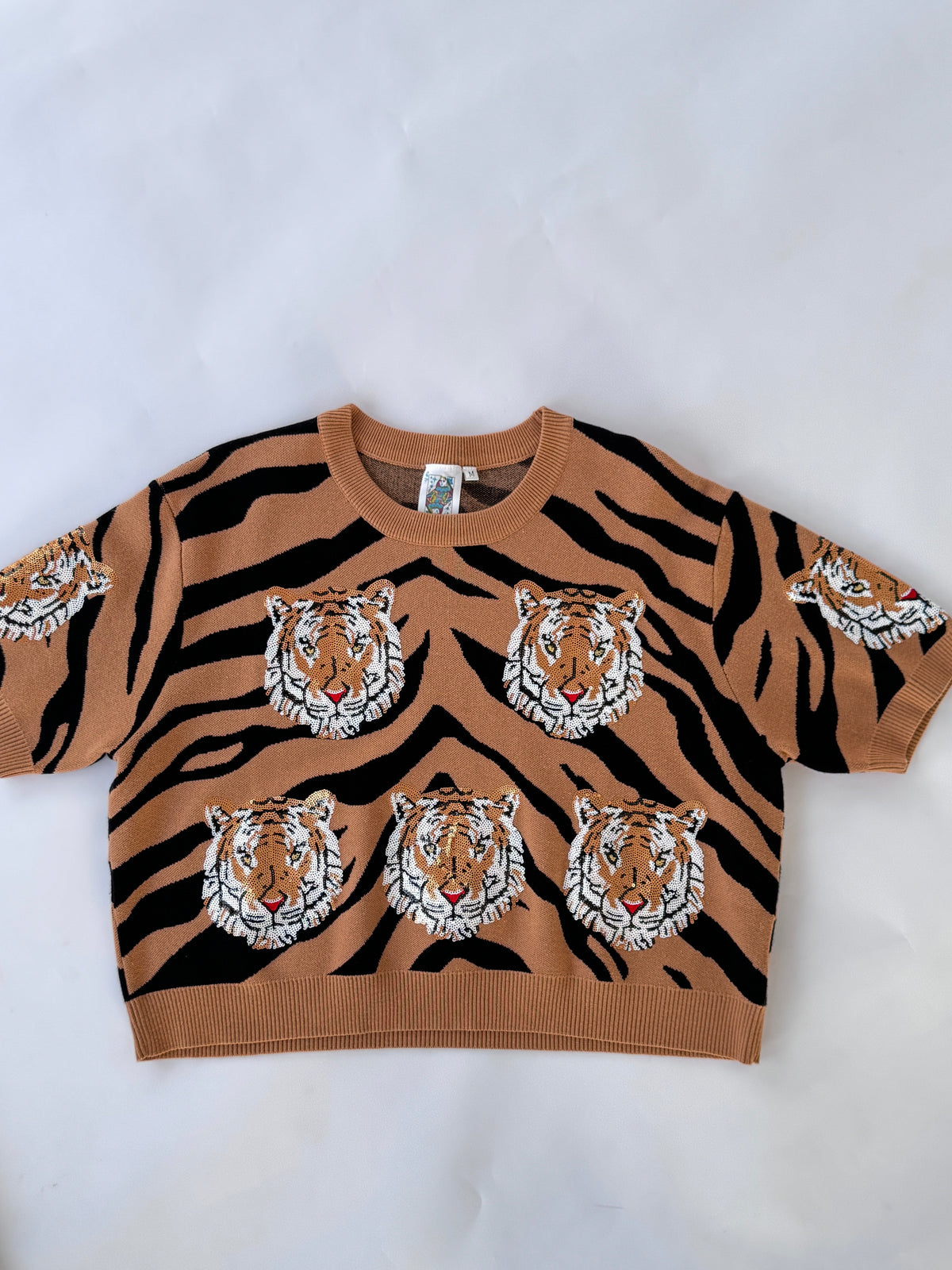 QOS Tiger Stripe Short Sleeve Sweater