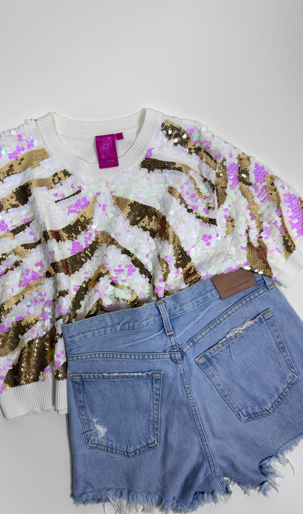 QOS Iridescent Sequin Tiger Print Sweater