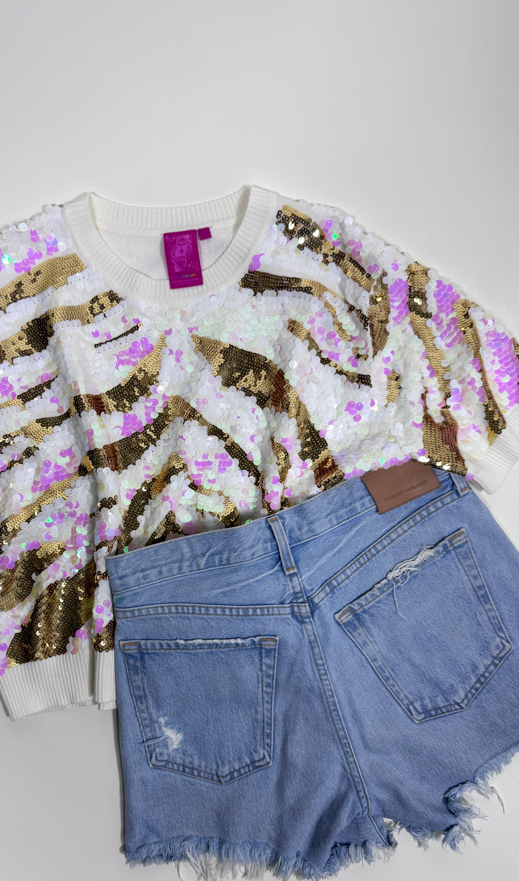 QOS Iridescent Sequin Tiger Print Sweater