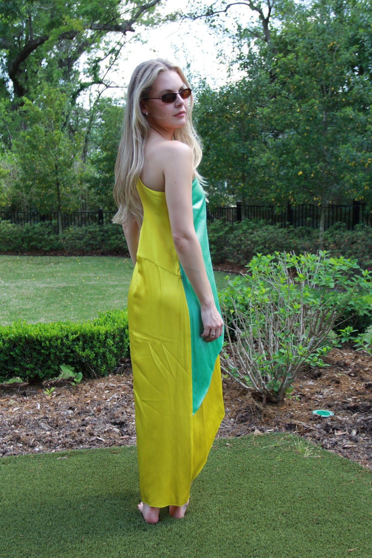Halpern Razor one-shoulder two-tone satin midi dress