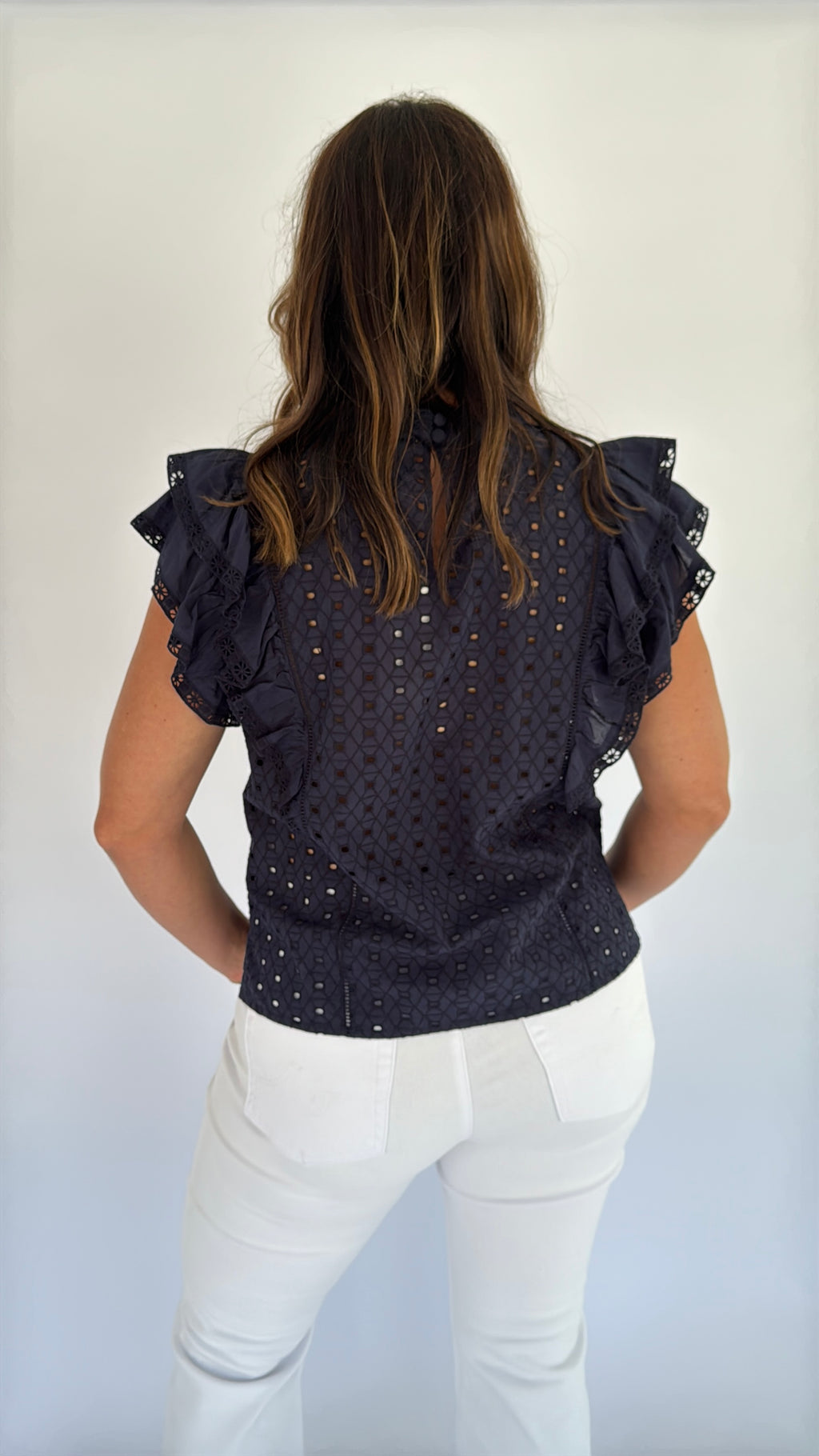 Veronica Beard Navy Eyelet Jie Top
