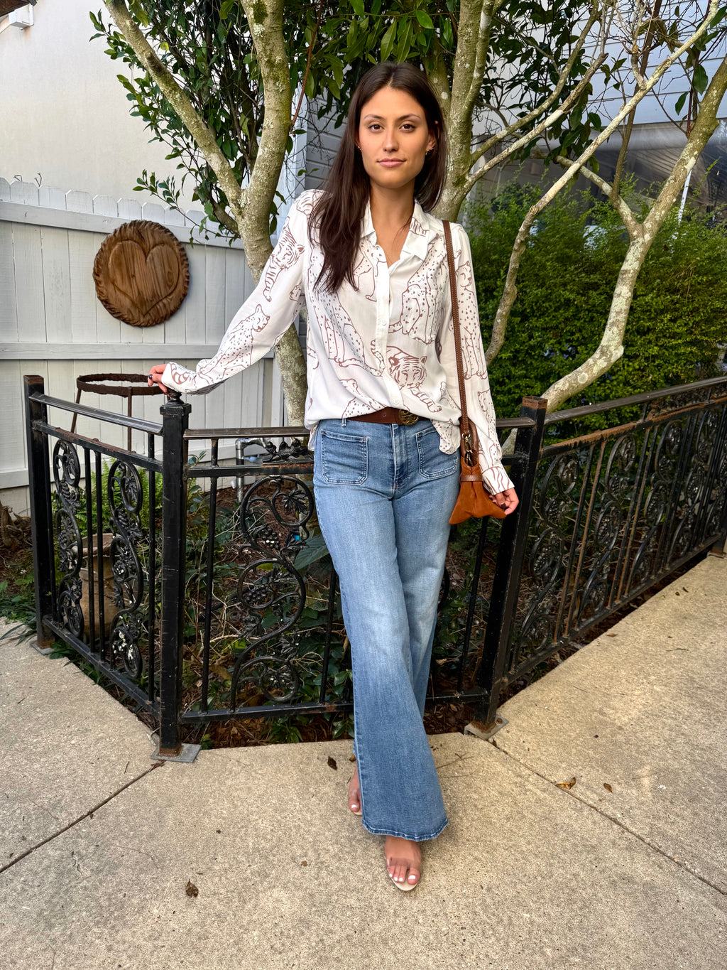 Kathryn Camel Jungle Cats Button Up