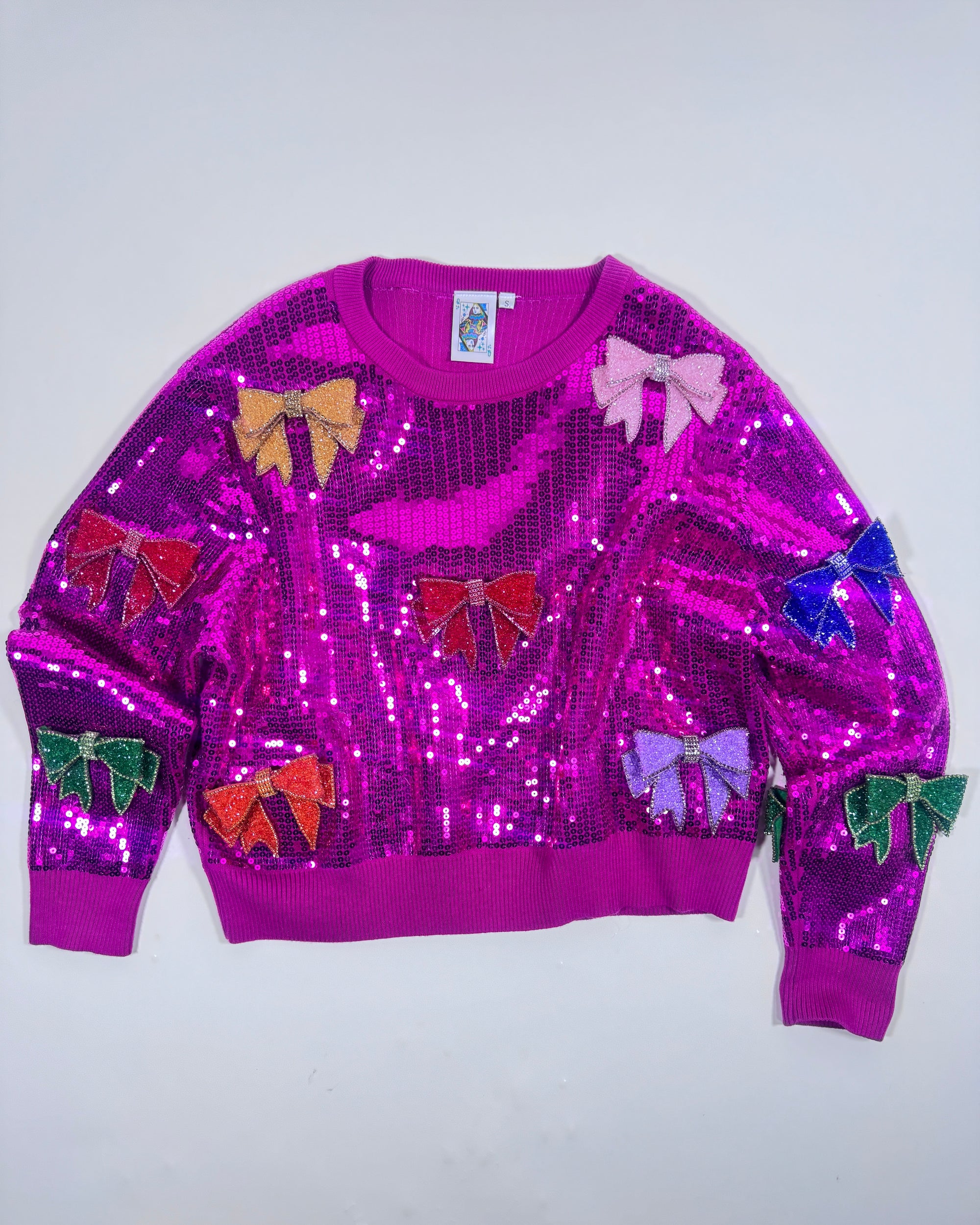 QOS Hot Pink Sequin Bow Sweatshirt