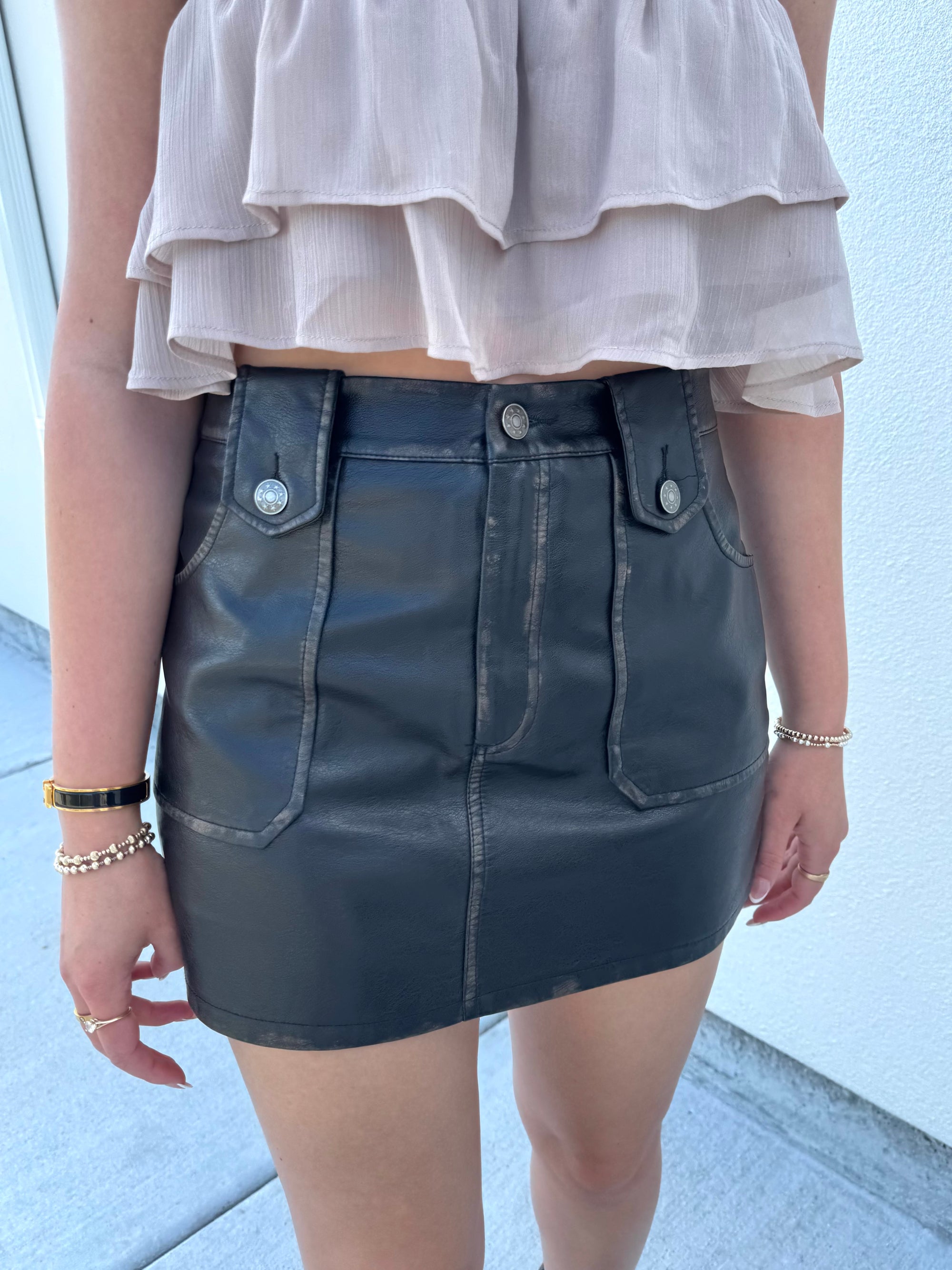 Patch Pocket Black Leather Mini Skirt
