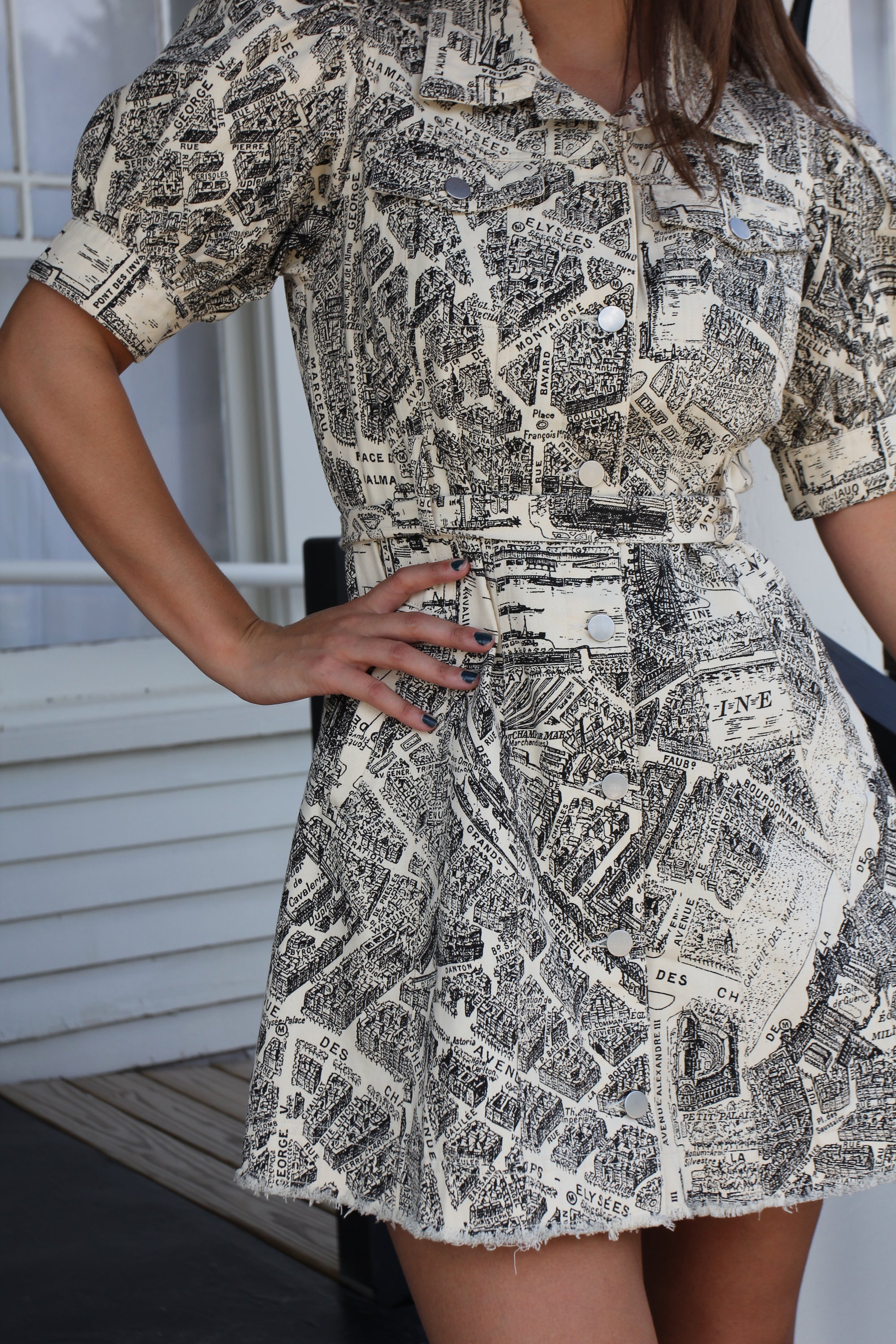 Newspaper Puff Sleeve Mini Dress