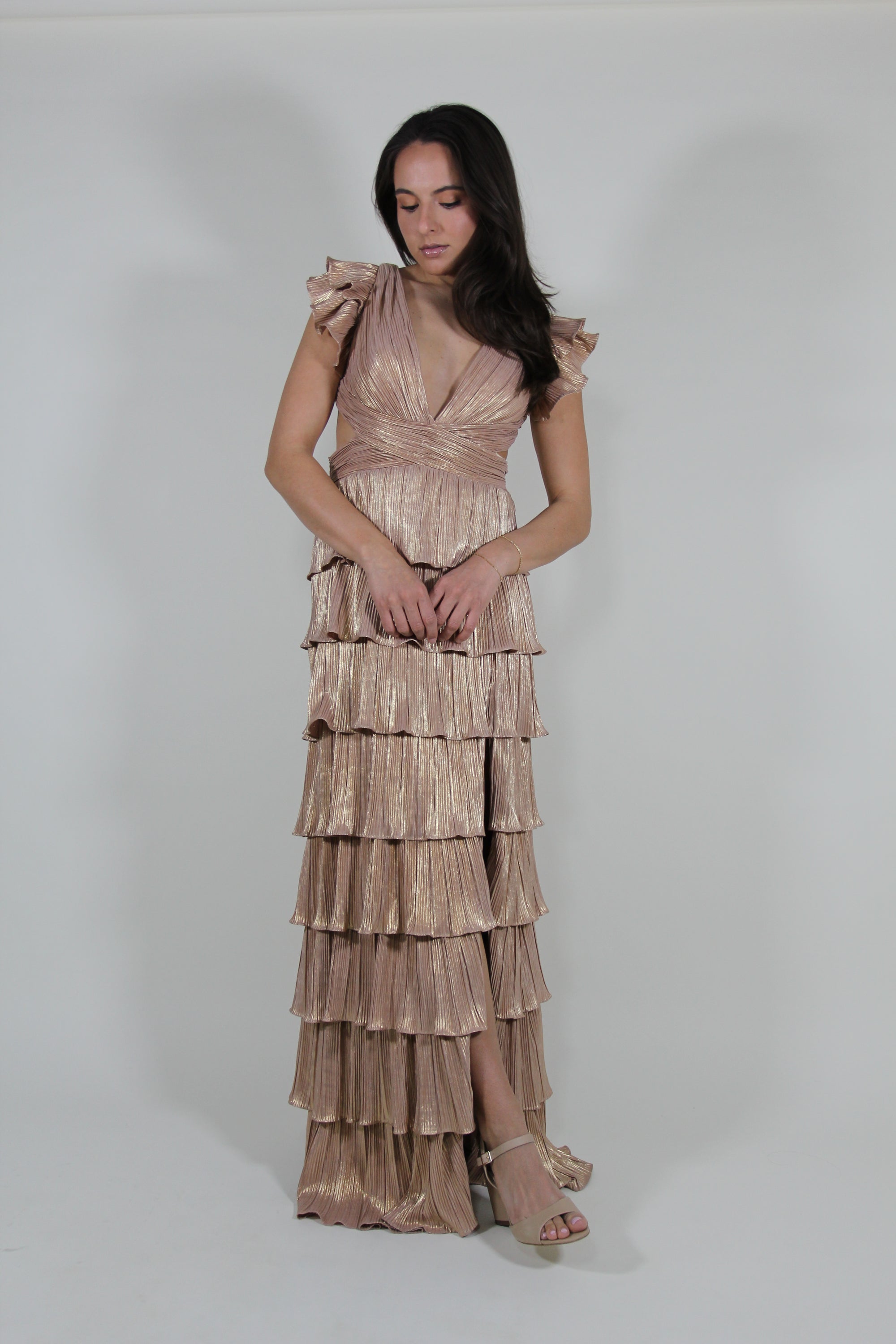 Mac Duggal Gold Ruffle Tiered Criss Cross Lace Up Gown