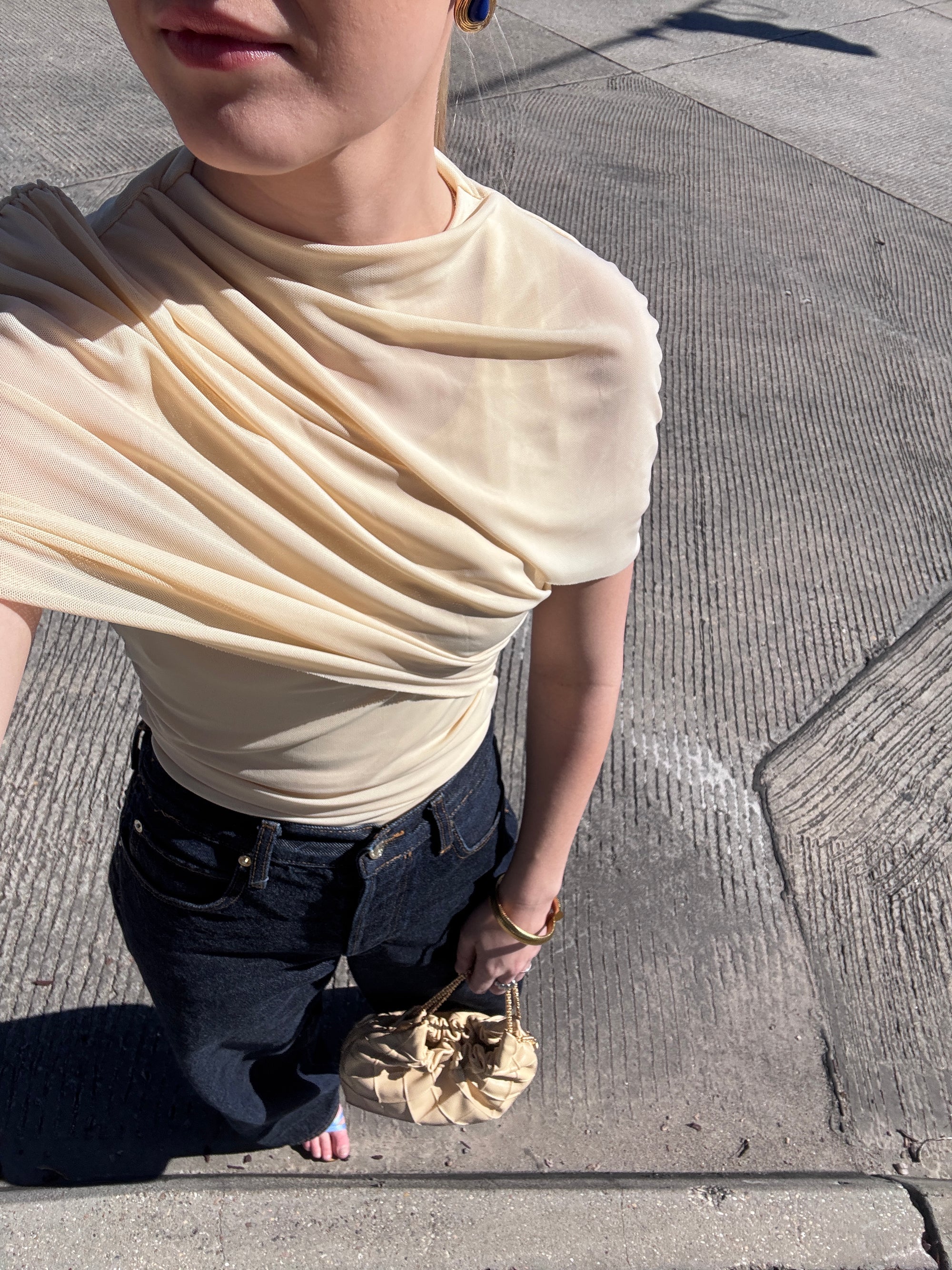 Beige Mesh Mock Neck Top