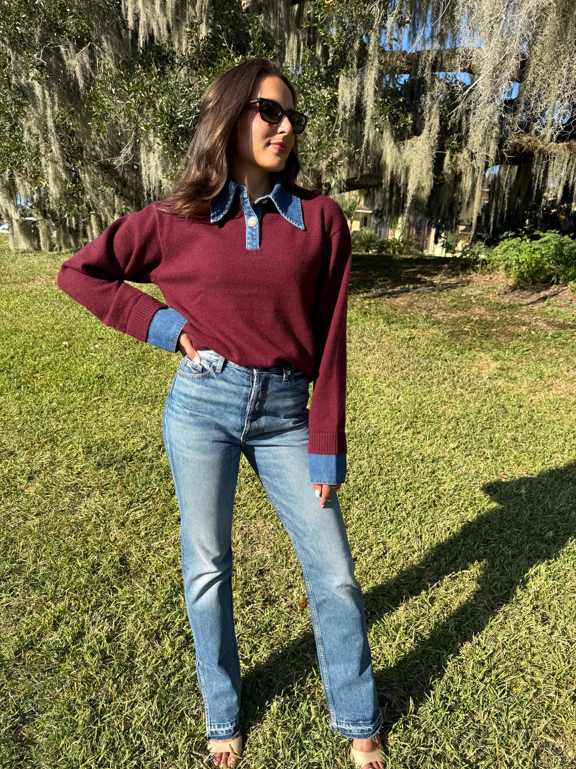 Maroon Denim Collar Sweater