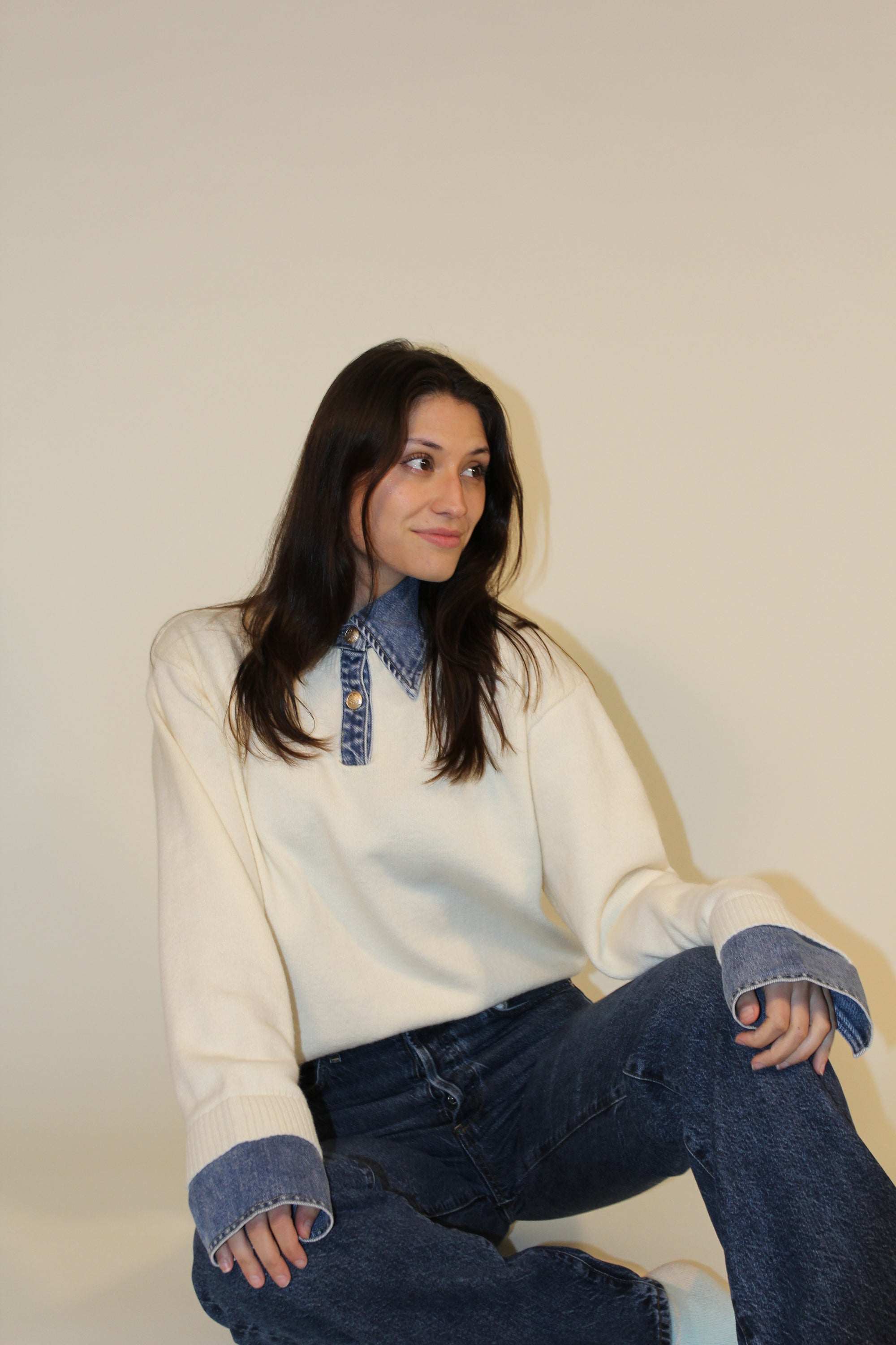 Denim Collar White Sweater