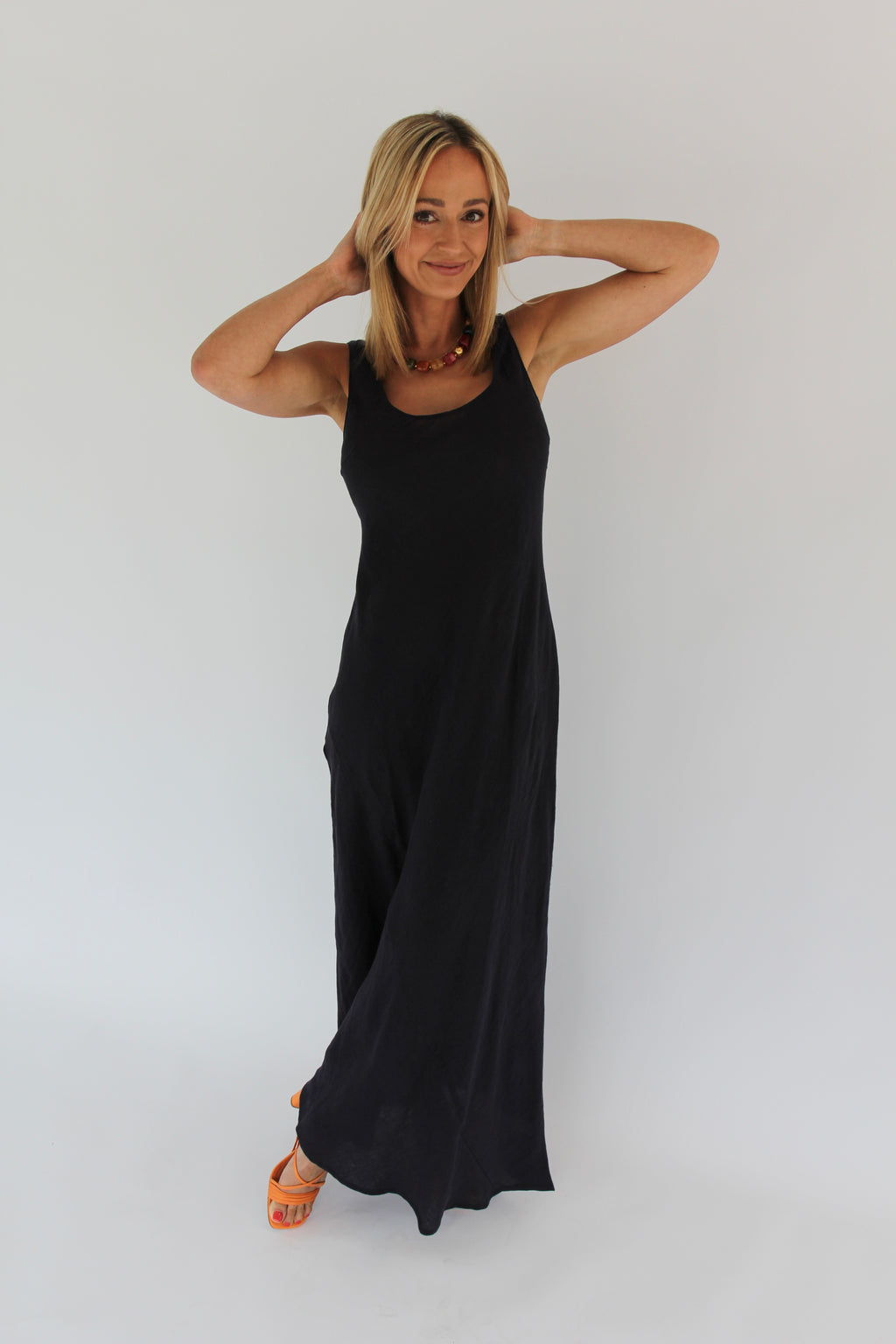 Navy Scoop Neck Linen Maxi Dress