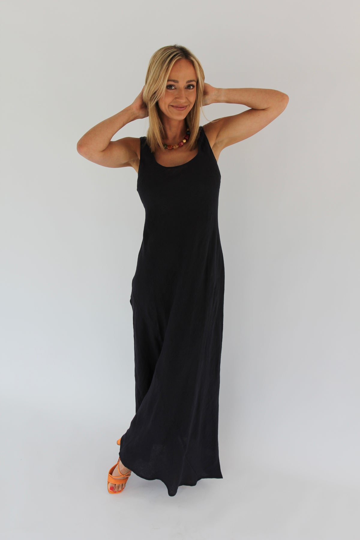 Navy Scoop Neck Linen Maxi Dress