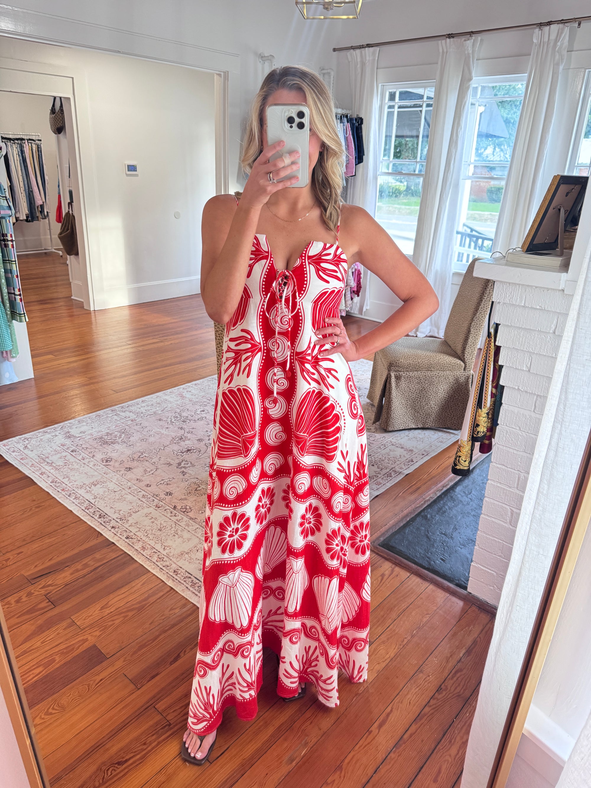 Farm Rio Red Seashell Print Maxi Dress