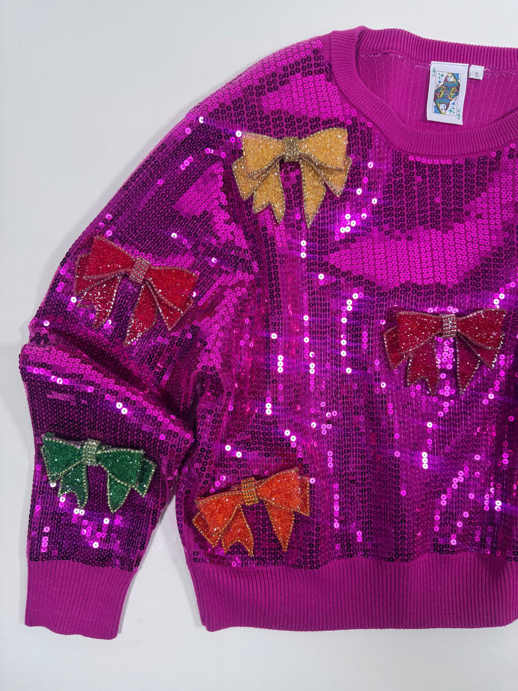 QOS Hot Pink Sequin Bow Sweatshirt