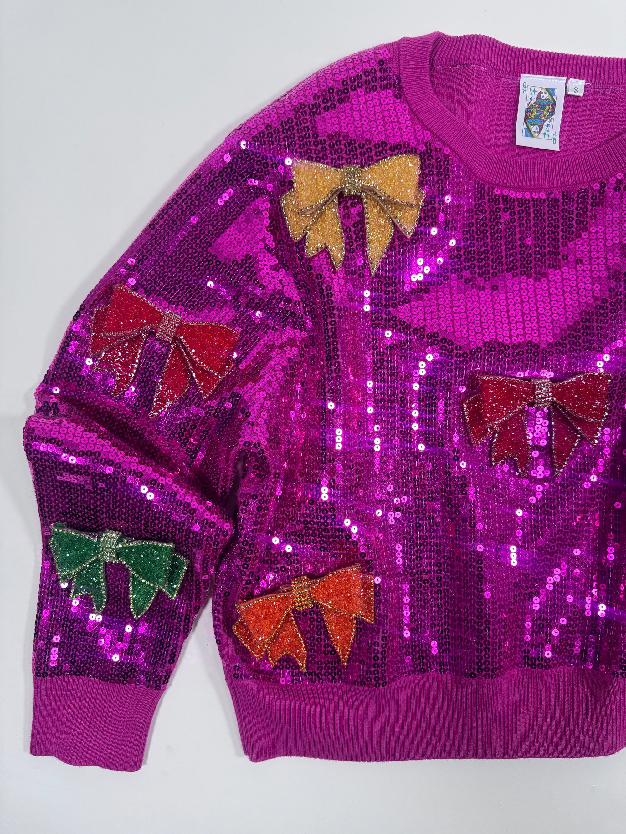 QOS Hot Pink Sequin Bow Sweatshirt