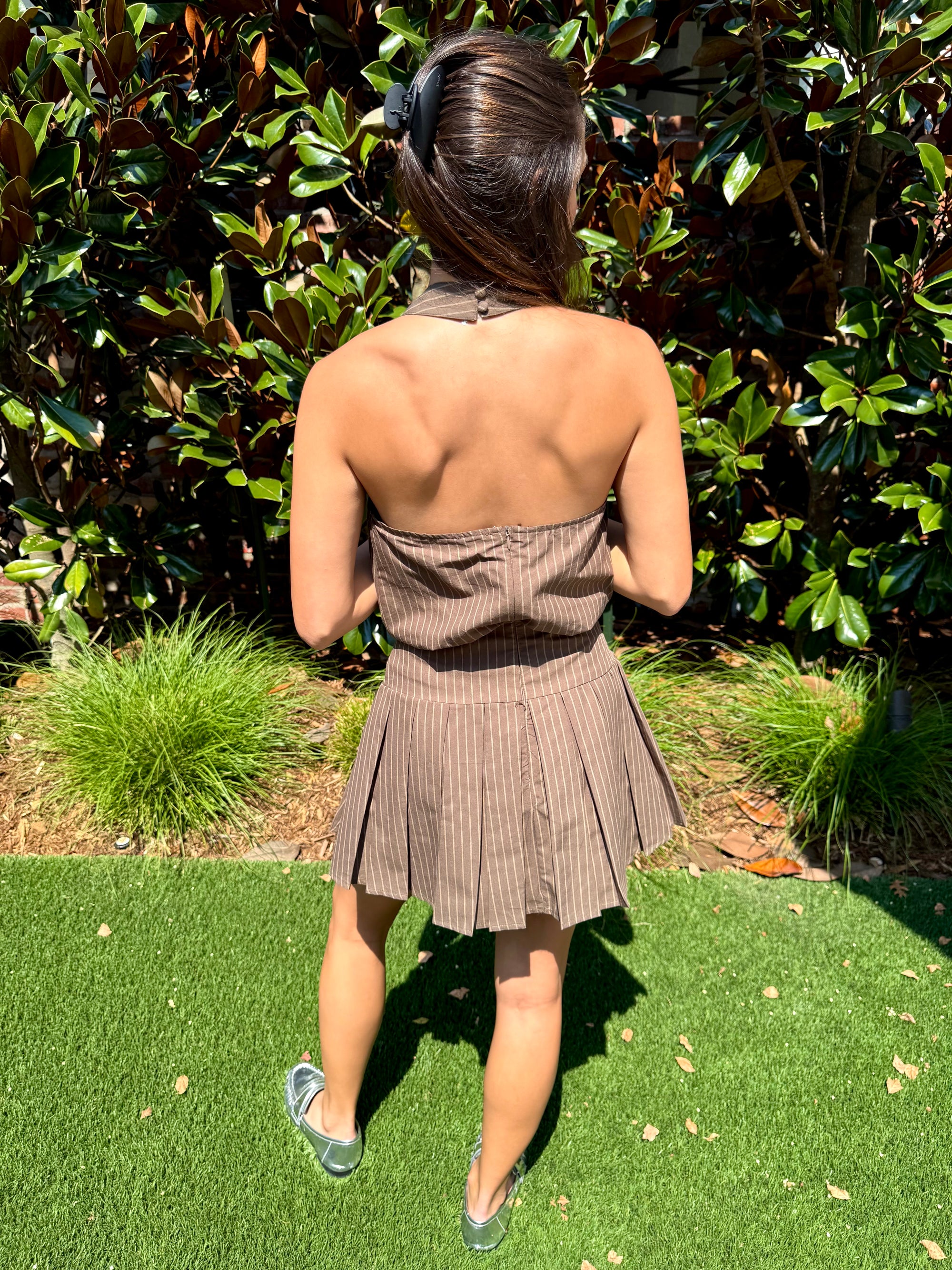 Brown Pinstripe Halter Dress