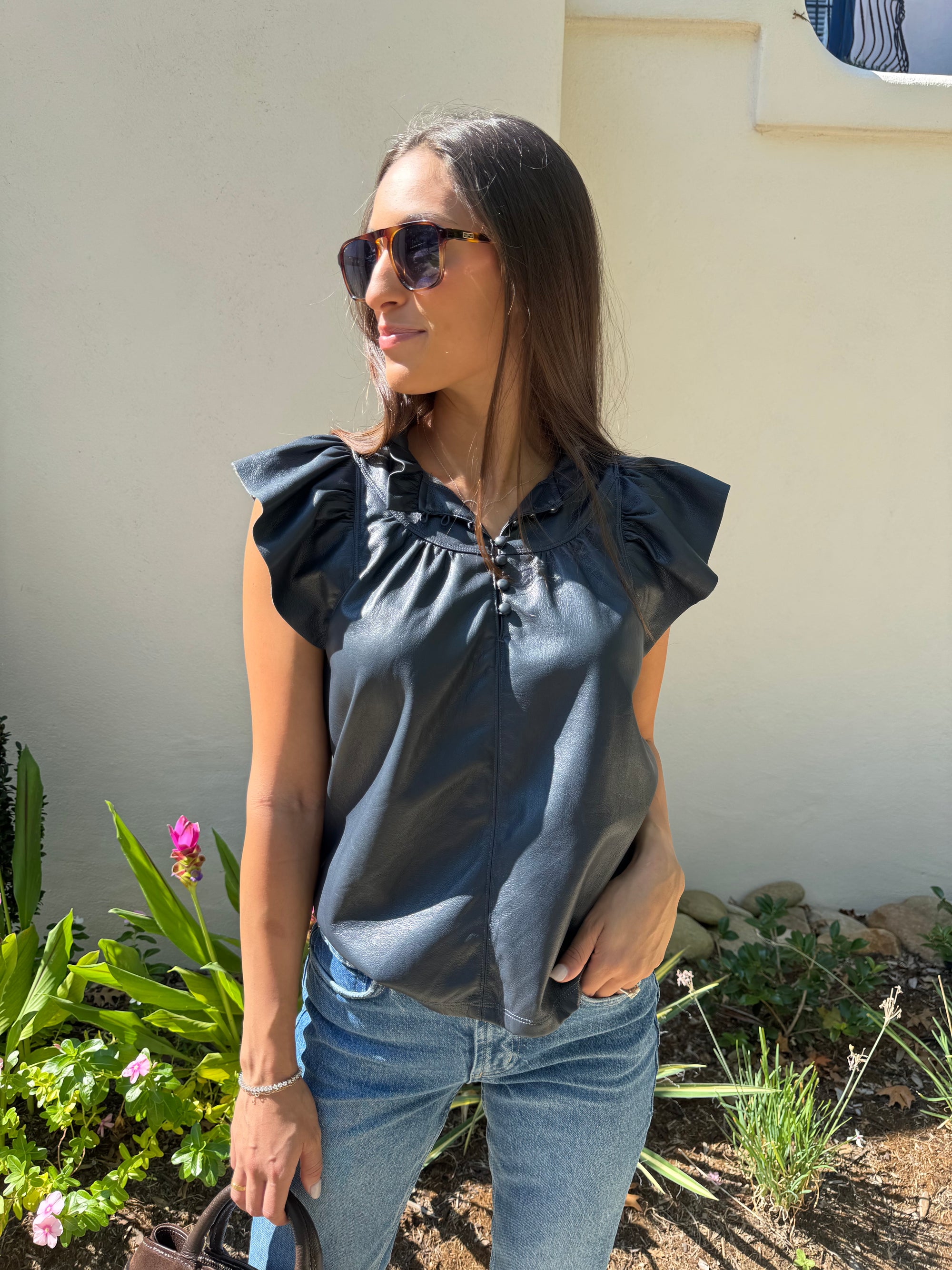 Navy Vegan Leather Top