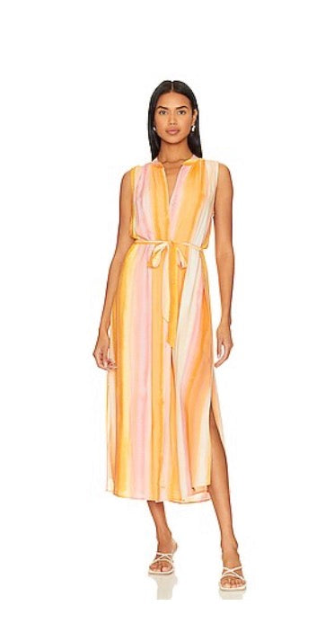 Bella Dahl Sleeveless Pleat Front Midi Dress in Sunset Stripes