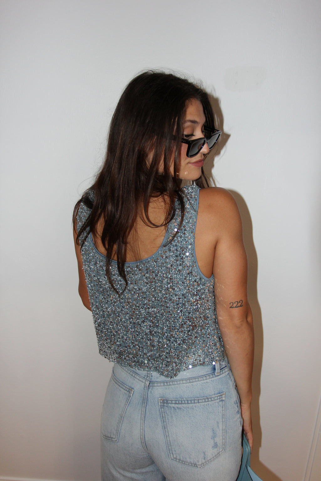 Blue Sequin Square Neck Top