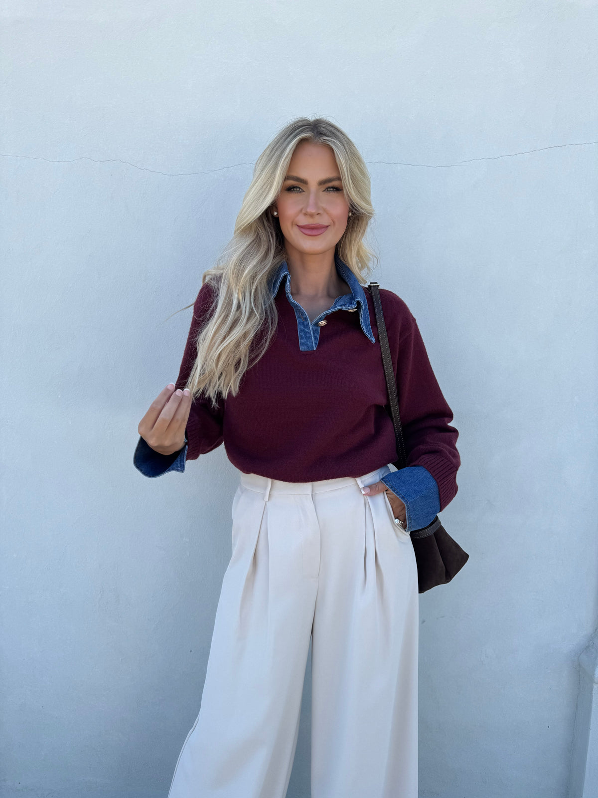 Maroon Denim Collar Sweater