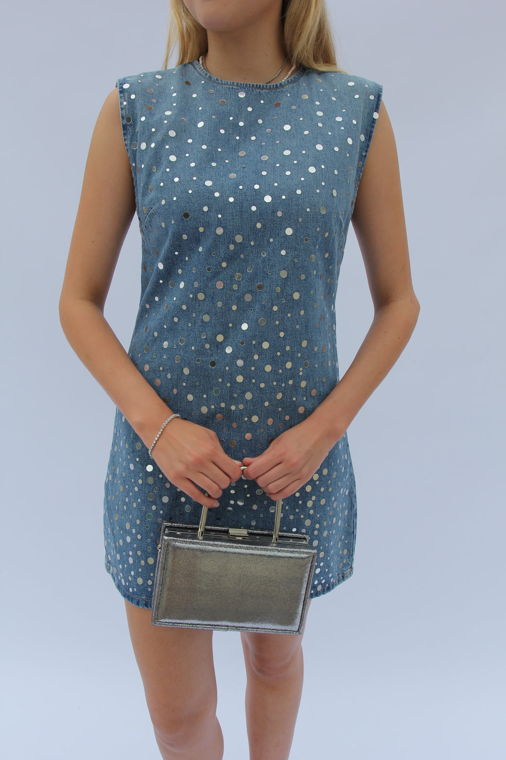 Zara Silver Rhinestone Denim Mini Dress