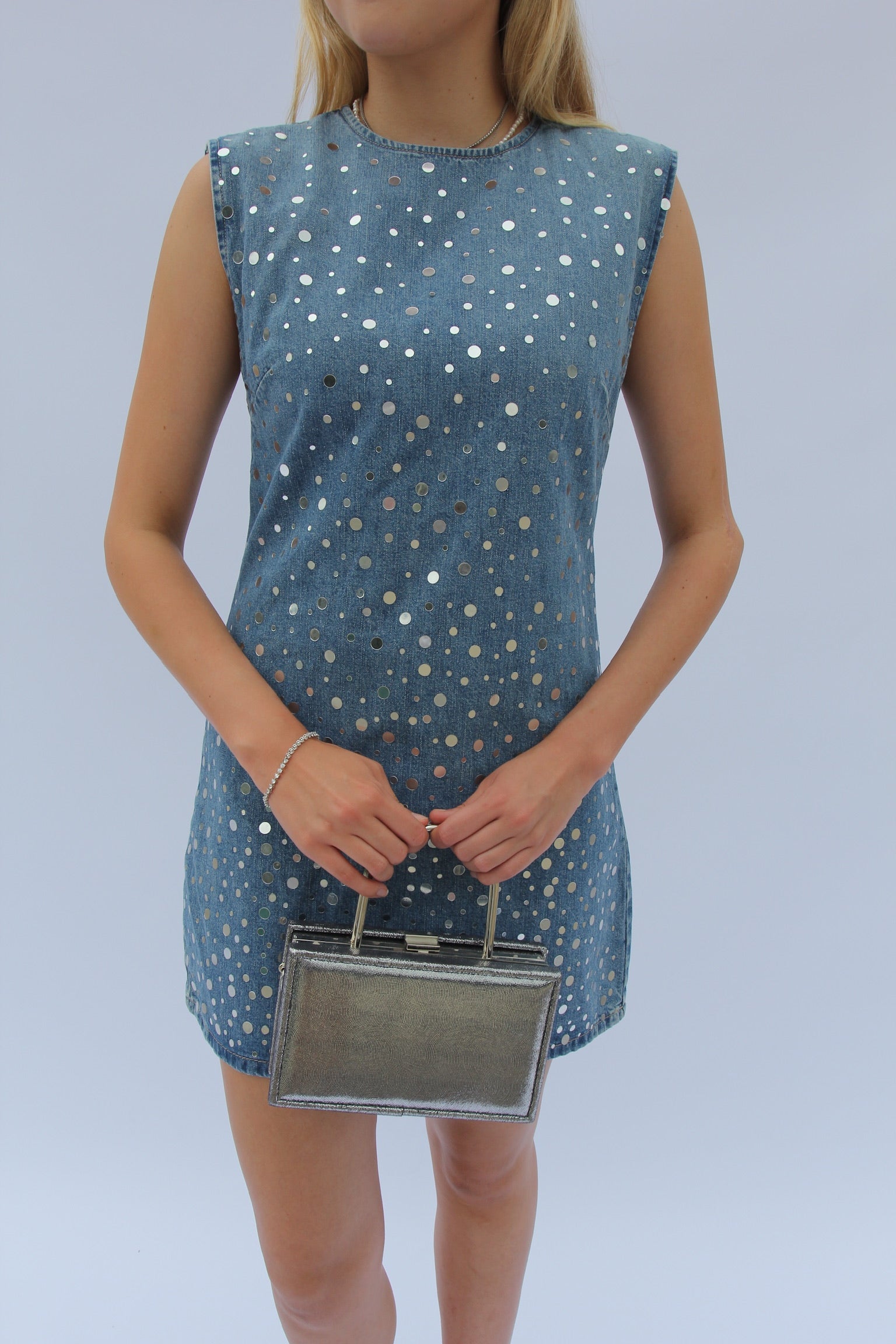 Zara Silver Rhinestone Denim Mini Dress