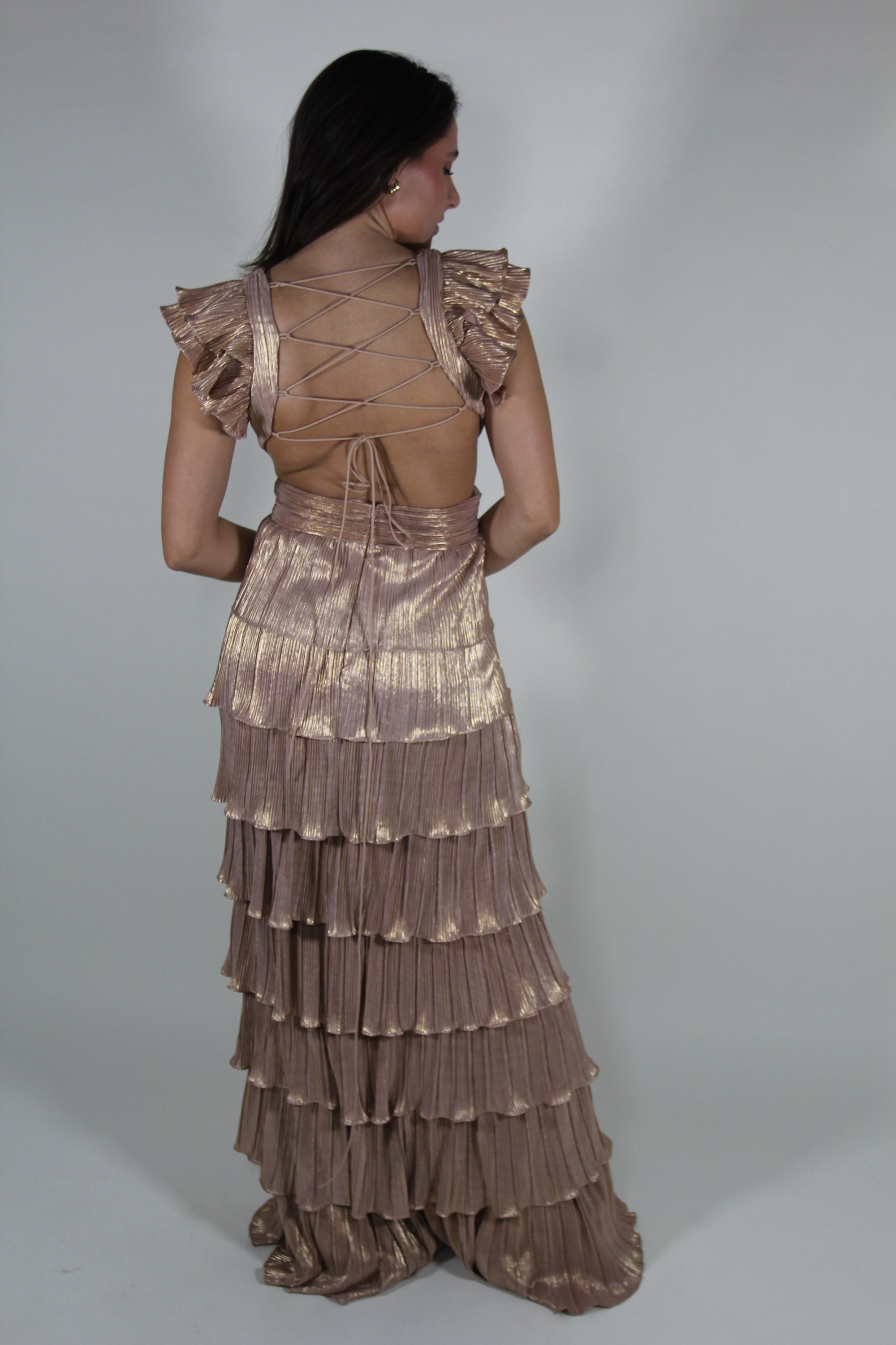 Mac Duggal Gold Ruffle Tiered Criss Cross Lace Up Gown